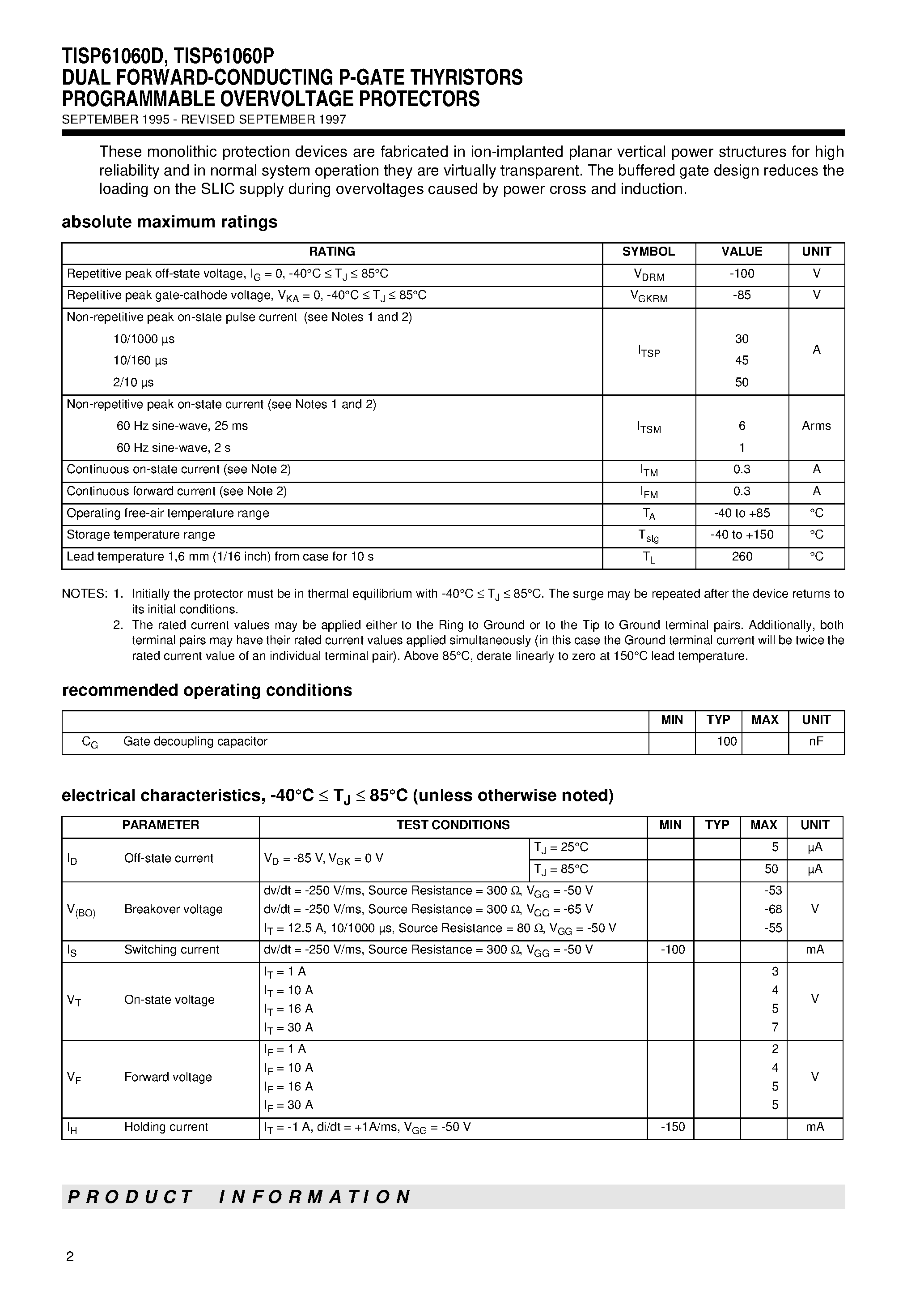Даташит TISP61060P - DUAL FORWARD-CONDUCTING P-GATE THYRISTORS PROGRAMMABLE OVERVOLTAGE PROTECTORS страница 2