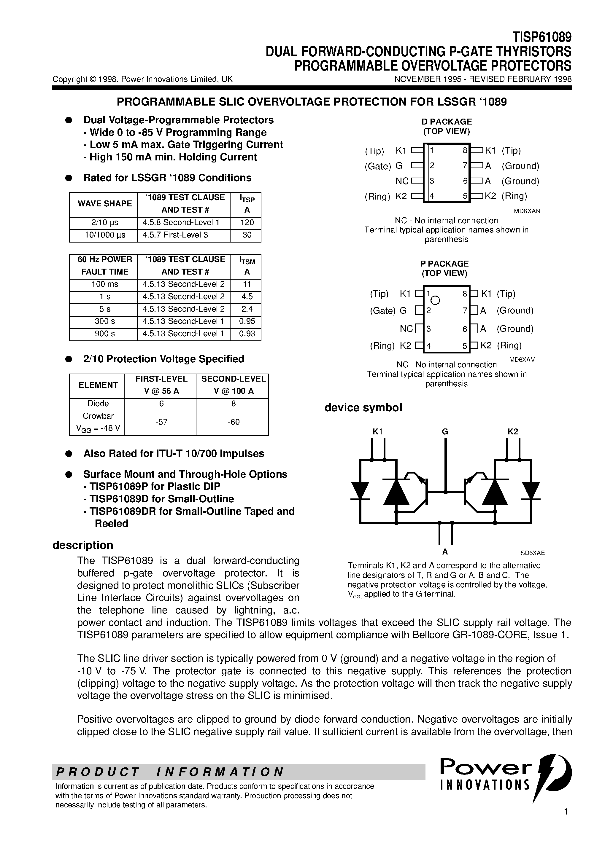 Даташит TISP61089 - DUAL FORWARD-CONDUCTING P-GATE THYRISTORS PROGRAMMABLE OVERVOLTAGE PROTECTORS страница 1