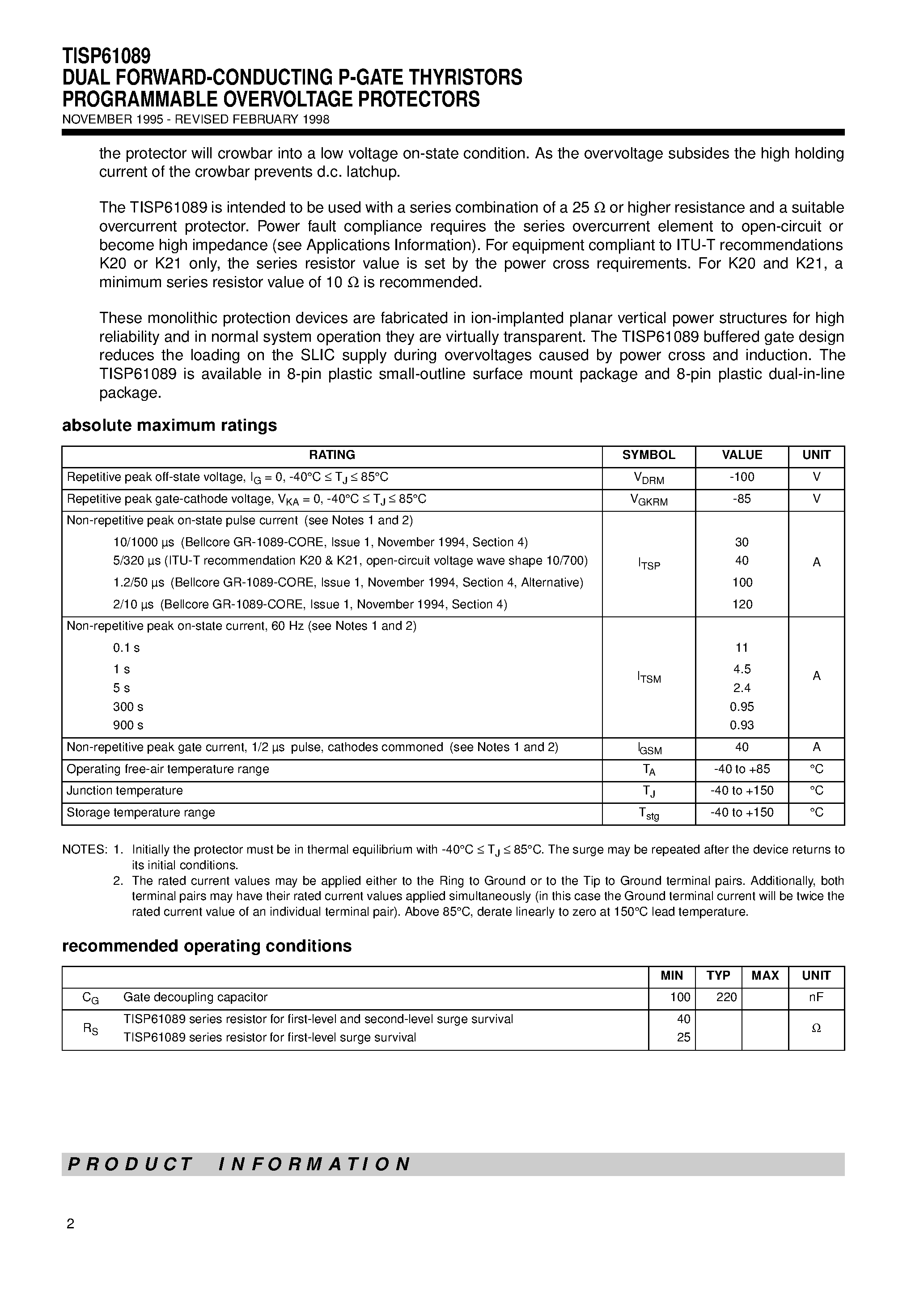 Даташит TISP61089 - DUAL FORWARD-CONDUCTING P-GATE THYRISTORS PROGRAMMABLE OVERVOLTAGE PROTECTORS страница 2