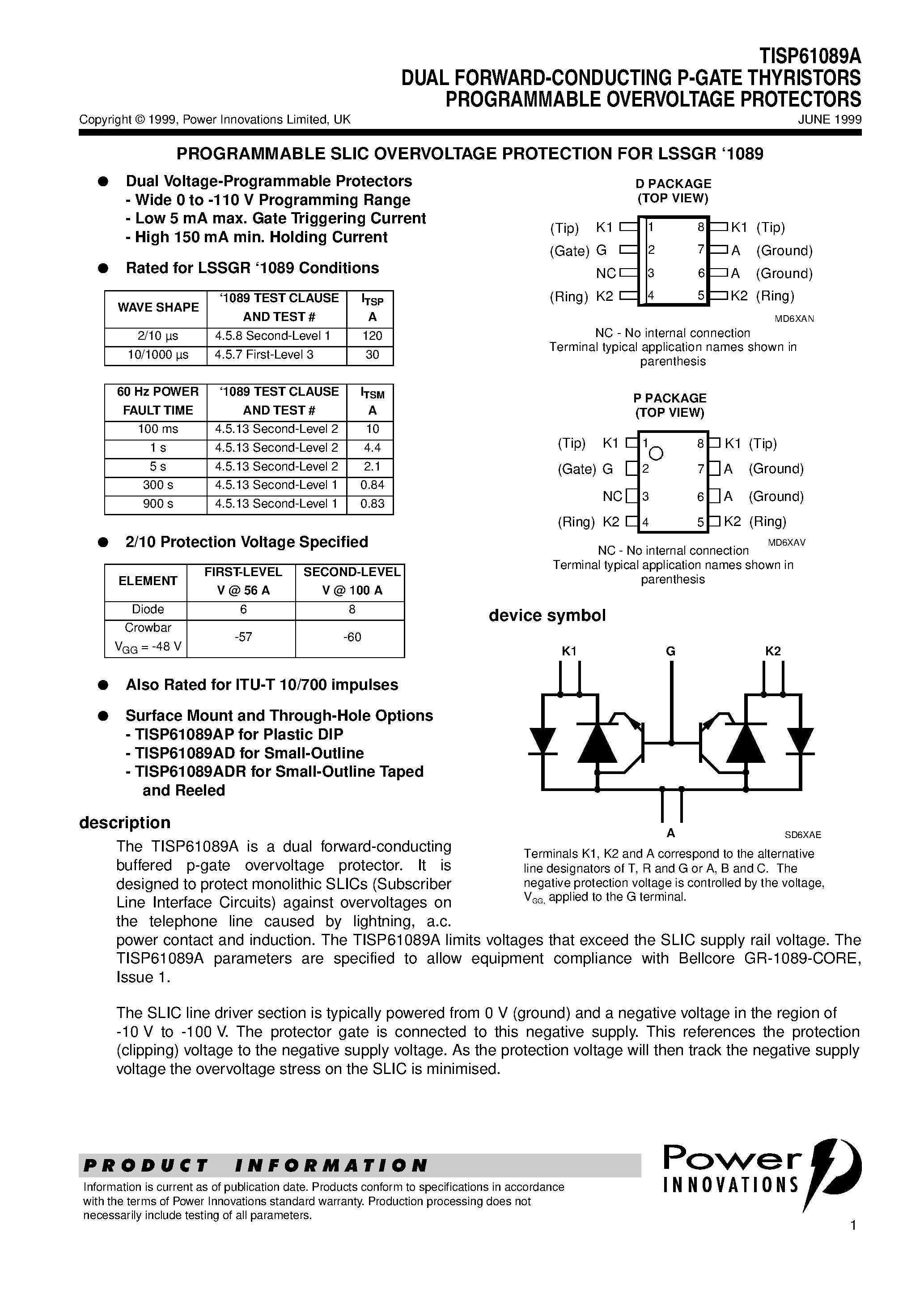 Даташит TISP61089A - DUAL FORWARD-CONDUCTING P-GATE THYRISTORS PROGRAMMABLE OVERVOLTAGE PROTECTORS страница 1