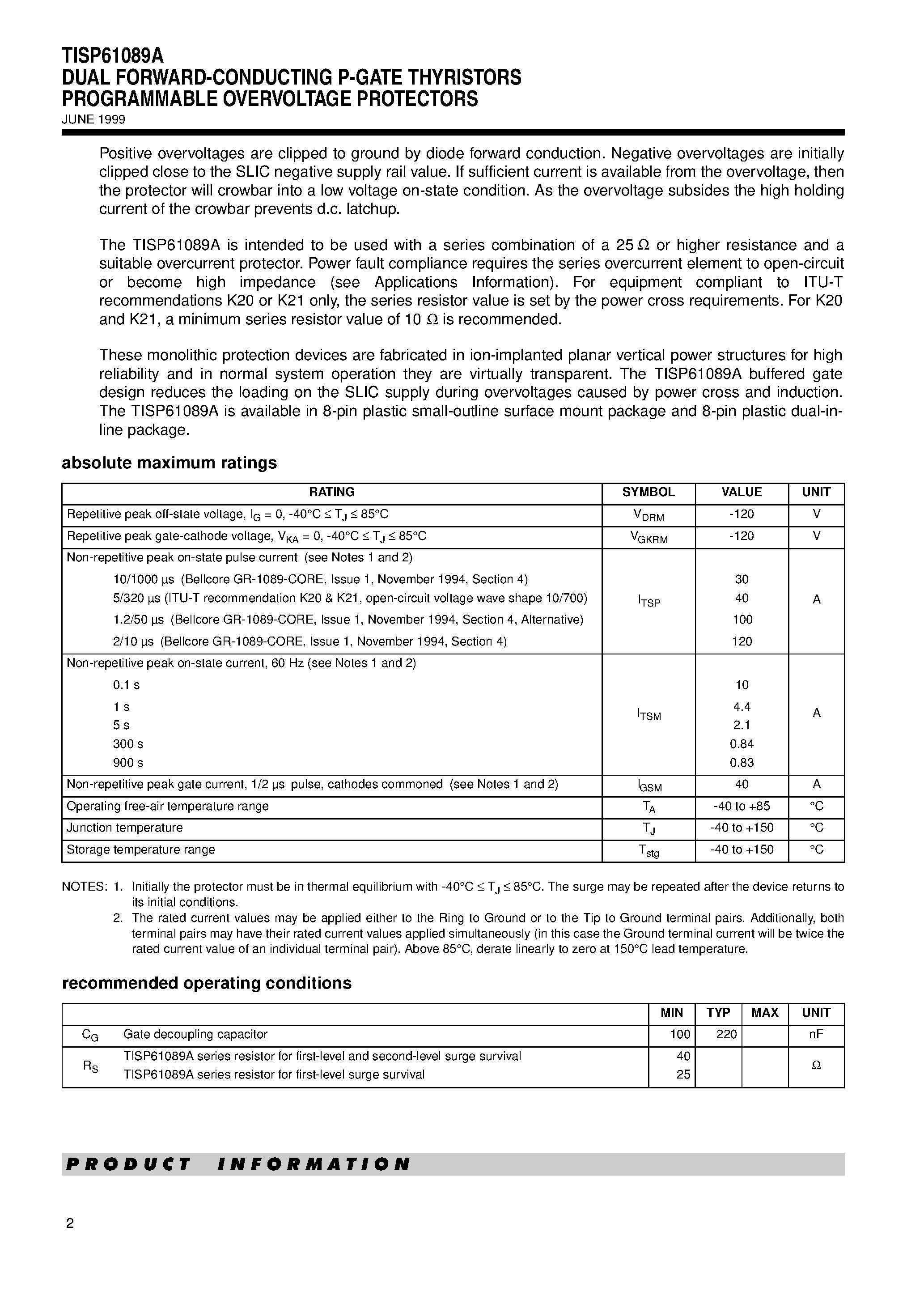 Даташит TISP61089A - DUAL FORWARD-CONDUCTING P-GATE THYRISTORS PROGRAMMABLE OVERVOLTAGE PROTECTORS страница 2