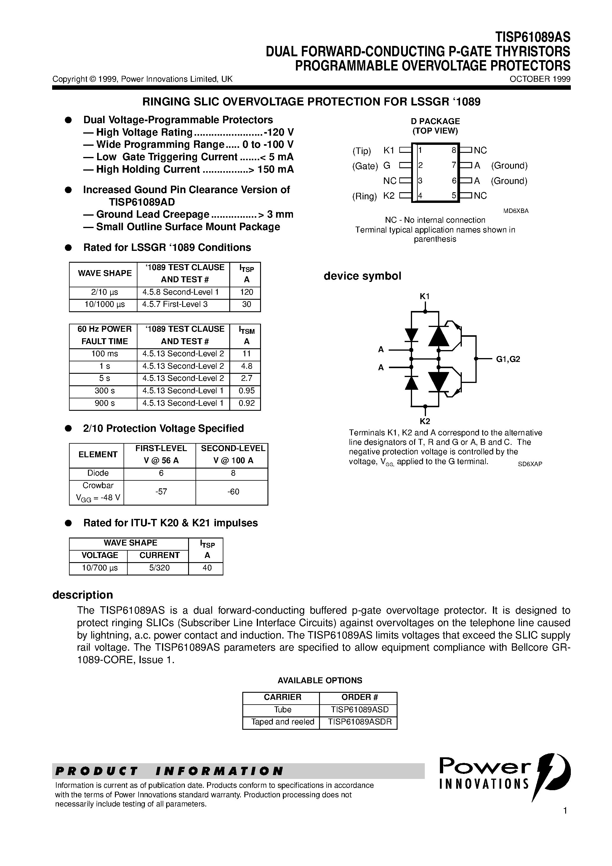 Даташит TISP61089AS - DUAL FORWARD-CONDUCTING P-GATE THYRISTORS PROGRAMMABLE OVERVOLTAGE PROTECTORS страница 1