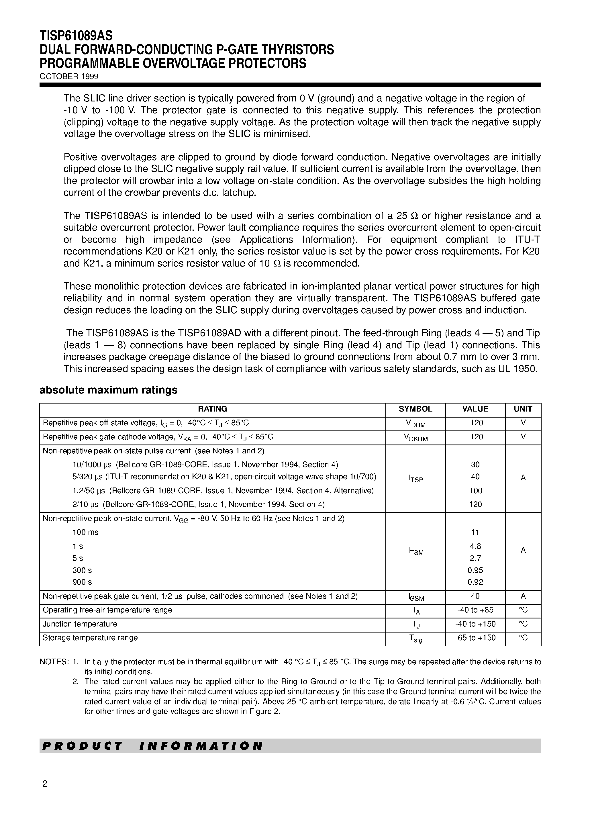 Даташит TISP61089AS - DUAL FORWARD-CONDUCTING P-GATE THYRISTORS PROGRAMMABLE OVERVOLTAGE PROTECTORS страница 2