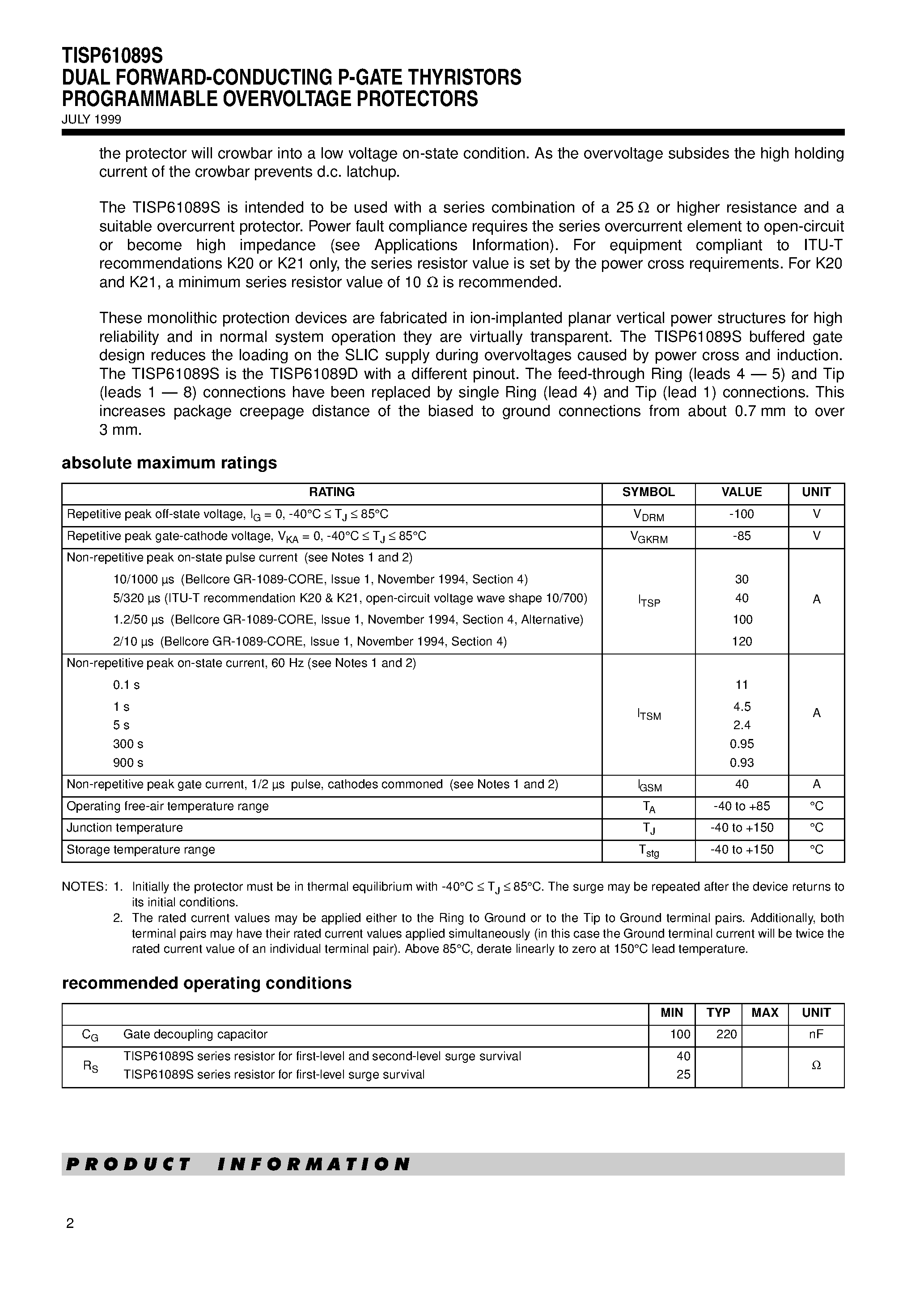 Даташит TISP61089S - DUAL FORWARD-CONDUCTING P-GATE THYRISTORS PROGRAMMABLE OVERVOLTAGE PROTECTORS страница 2