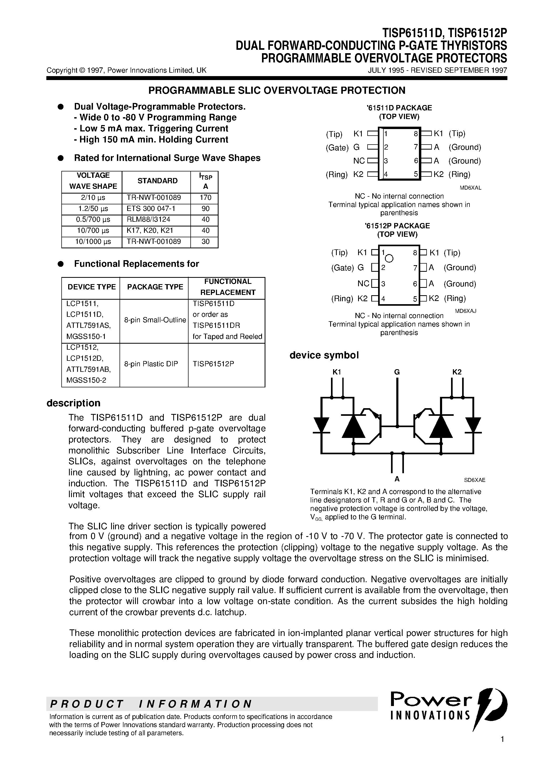 Даташит TISP61511D - DUAL FORWARD-CONDUCTING P-GATE THYRISTORS PROGRAMMABLE OVERVOLTAGE PROTECTORS страница 1