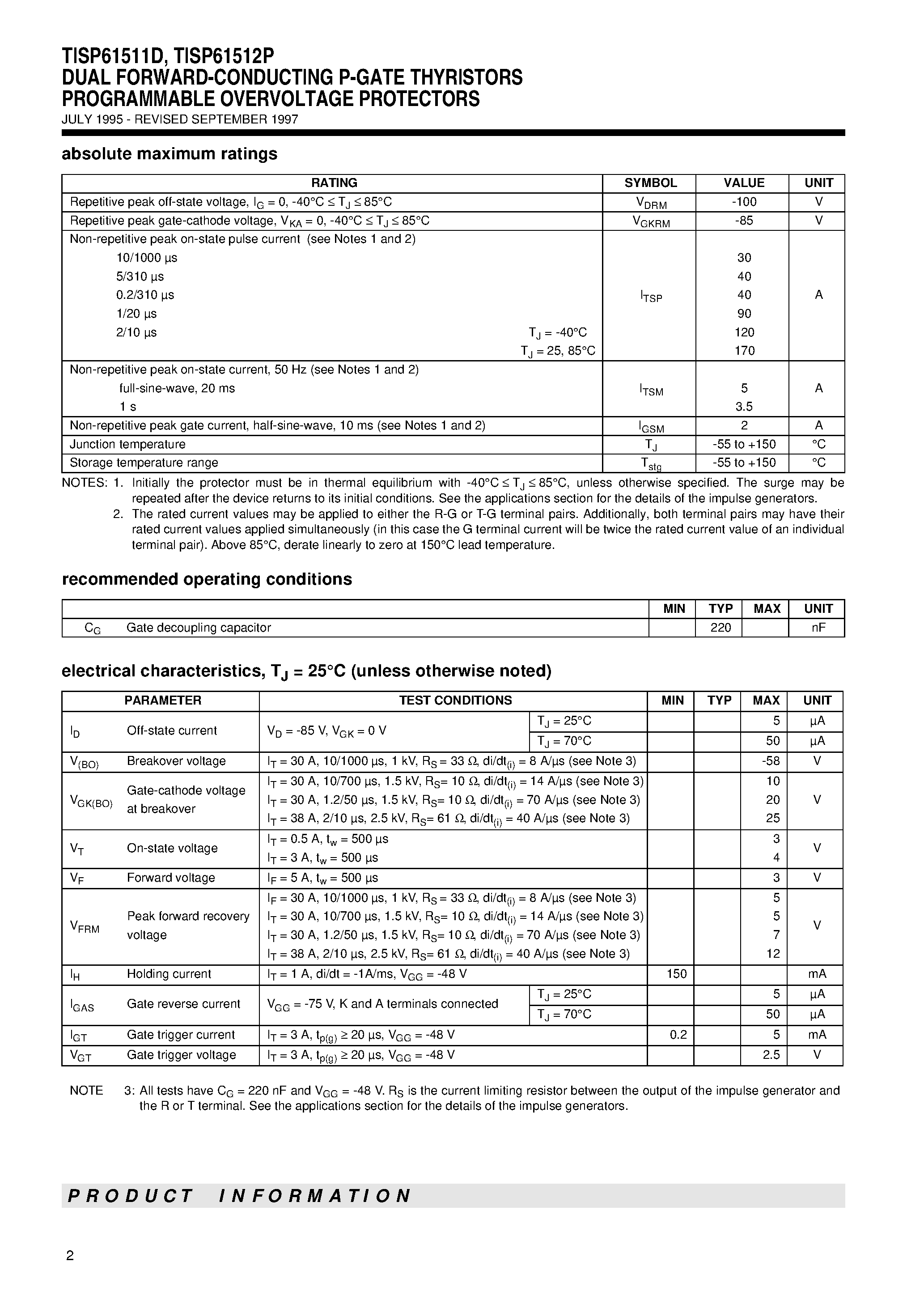 Даташит TISP61511D - DUAL FORWARD-CONDUCTING P-GATE THYRISTORS PROGRAMMABLE OVERVOLTAGE PROTECTORS страница 2