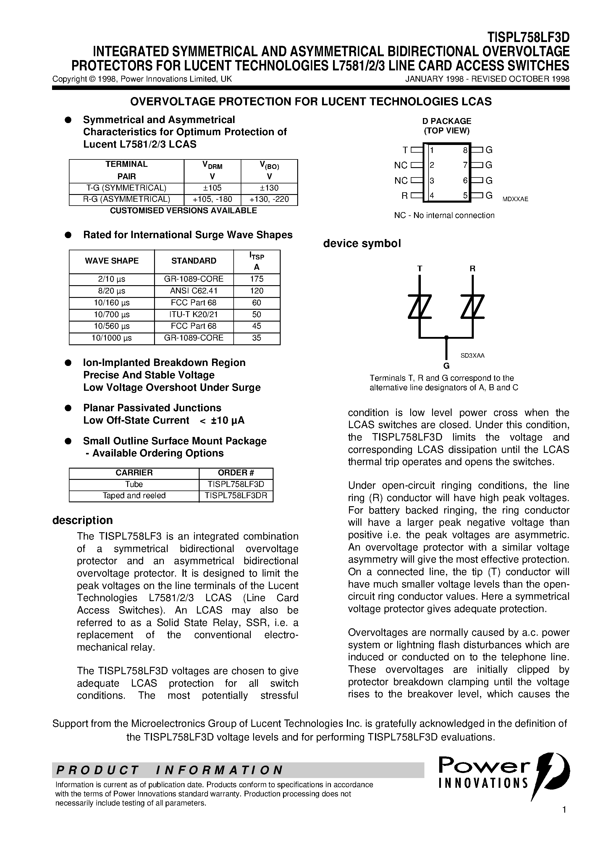 Даташит TISPL758LF3D - INTEGRATED SYMMETRICAL AND ASYMMETRICAL BIDIRECTIONAL OVERVOLTAGE PROTECTORS FOR LUCENT TECHNOLOGIES L7581/2/3 LINE CARD ACCESS SWITCHES страница 1