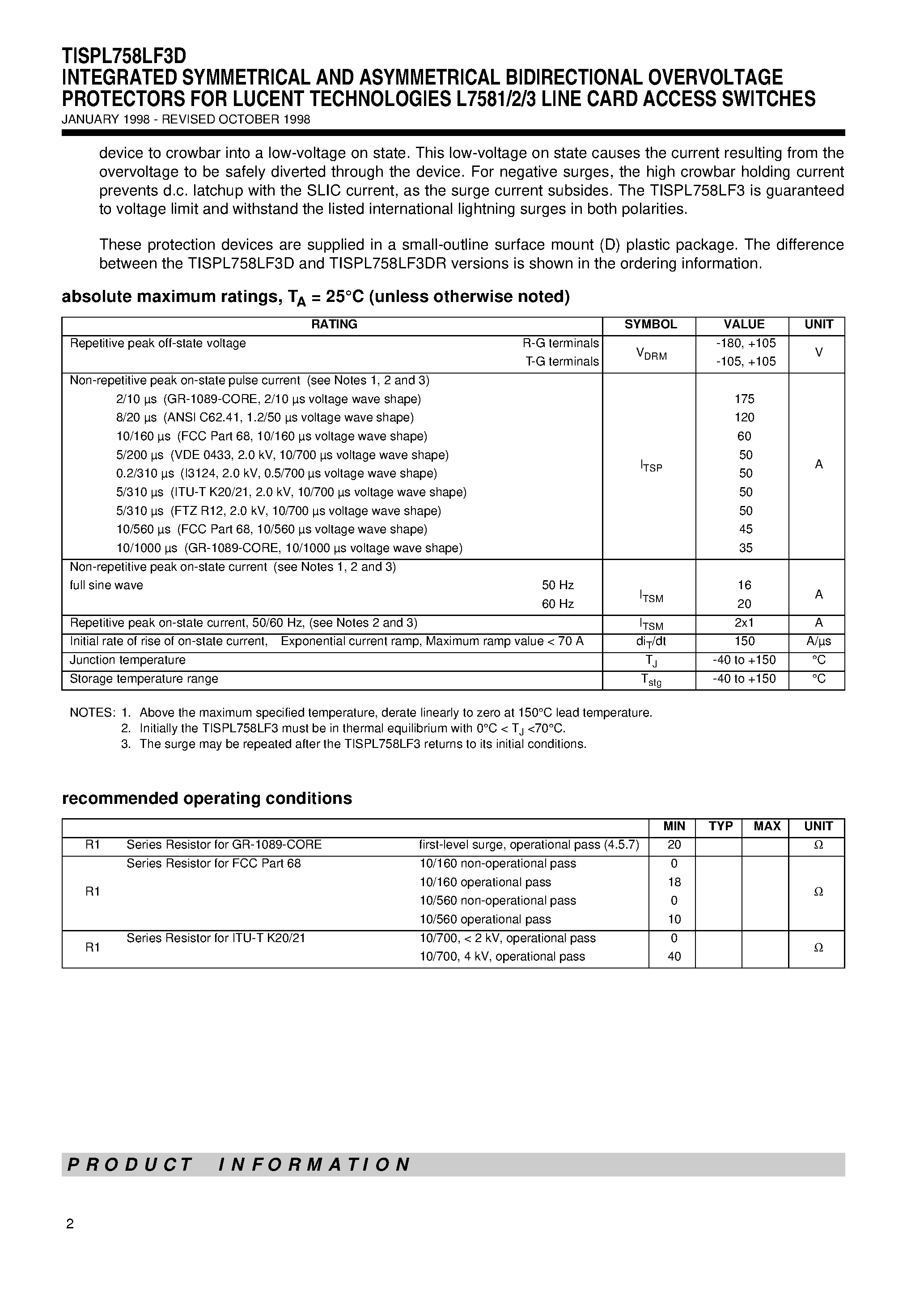 Даташит TISPL758LF3DR - INTEGRATED SYMMETRICAL AND ASYMMETRICAL BIDIRECTIONAL OVERVOLTAGE PROTECTORS FOR LUCENT TECHNOLOGIES L7581/2/3 LINE CARD ACCESS SWITCHES страница 2