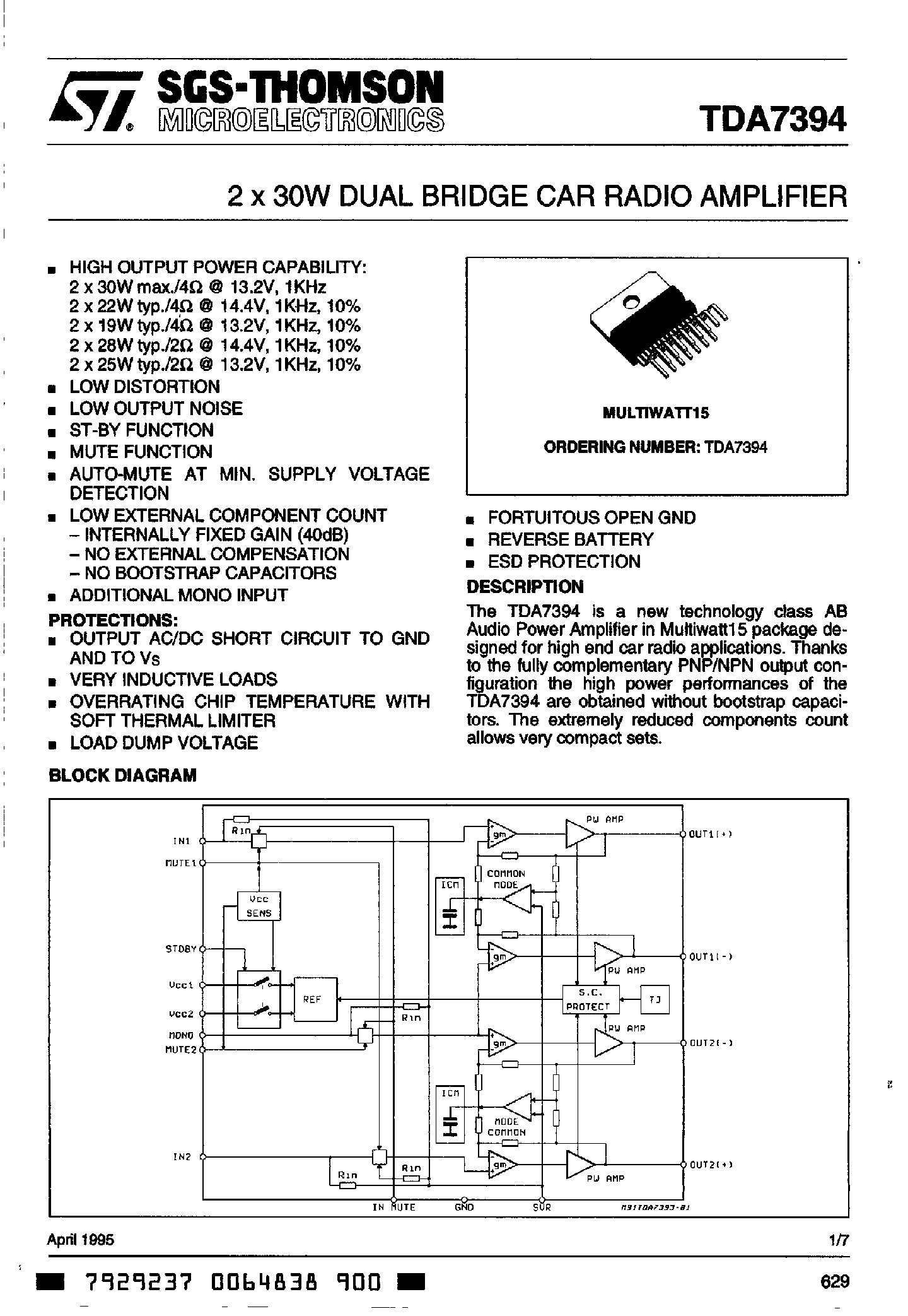 Даташит TDA7394 - 2 x 30W DUAL BRIDGE CAR RADIO AMPLIFIER страница 1