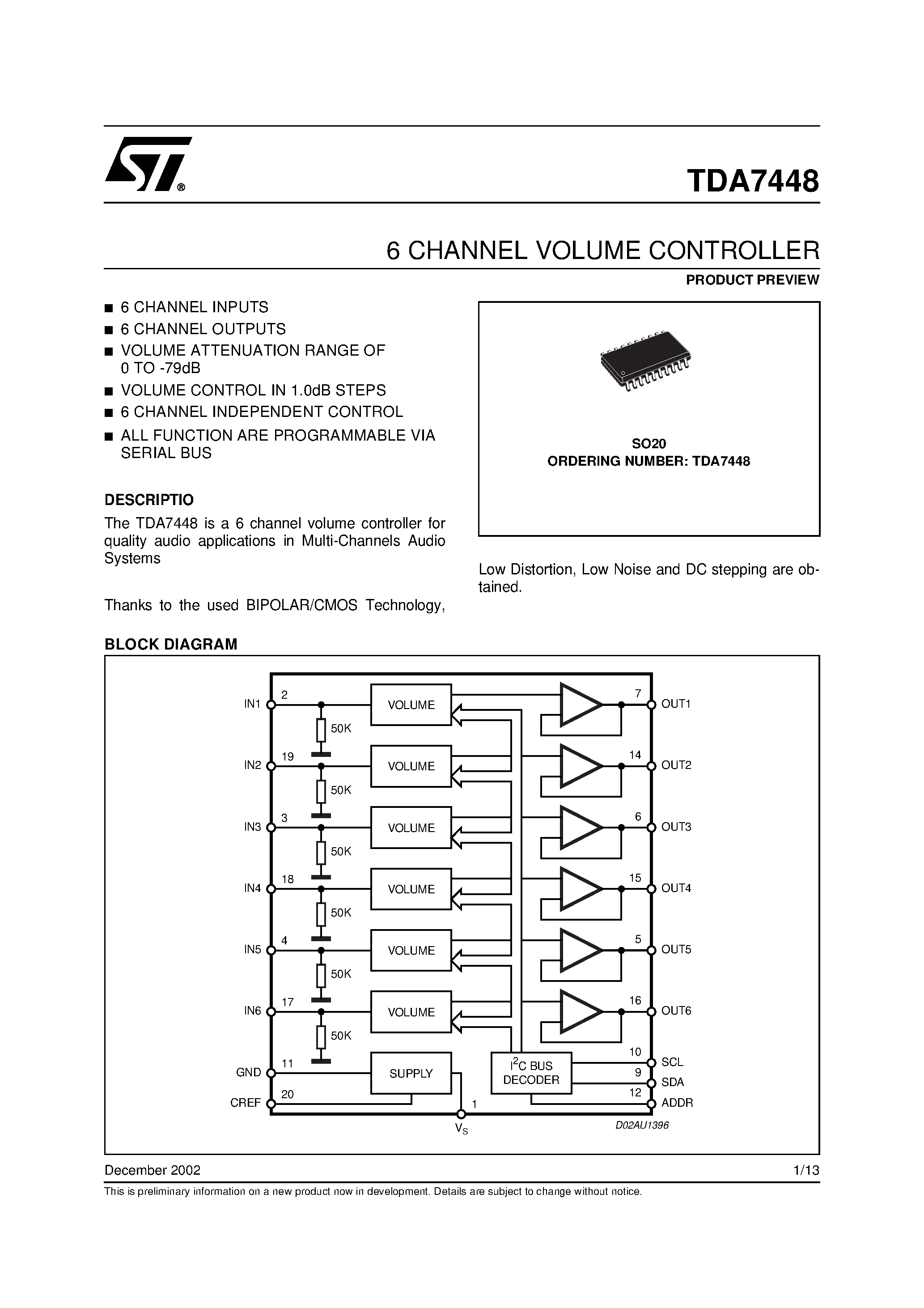 Даташит TDA7448 - 6 CHANNEL VOLUME CONTROLLER страница 1