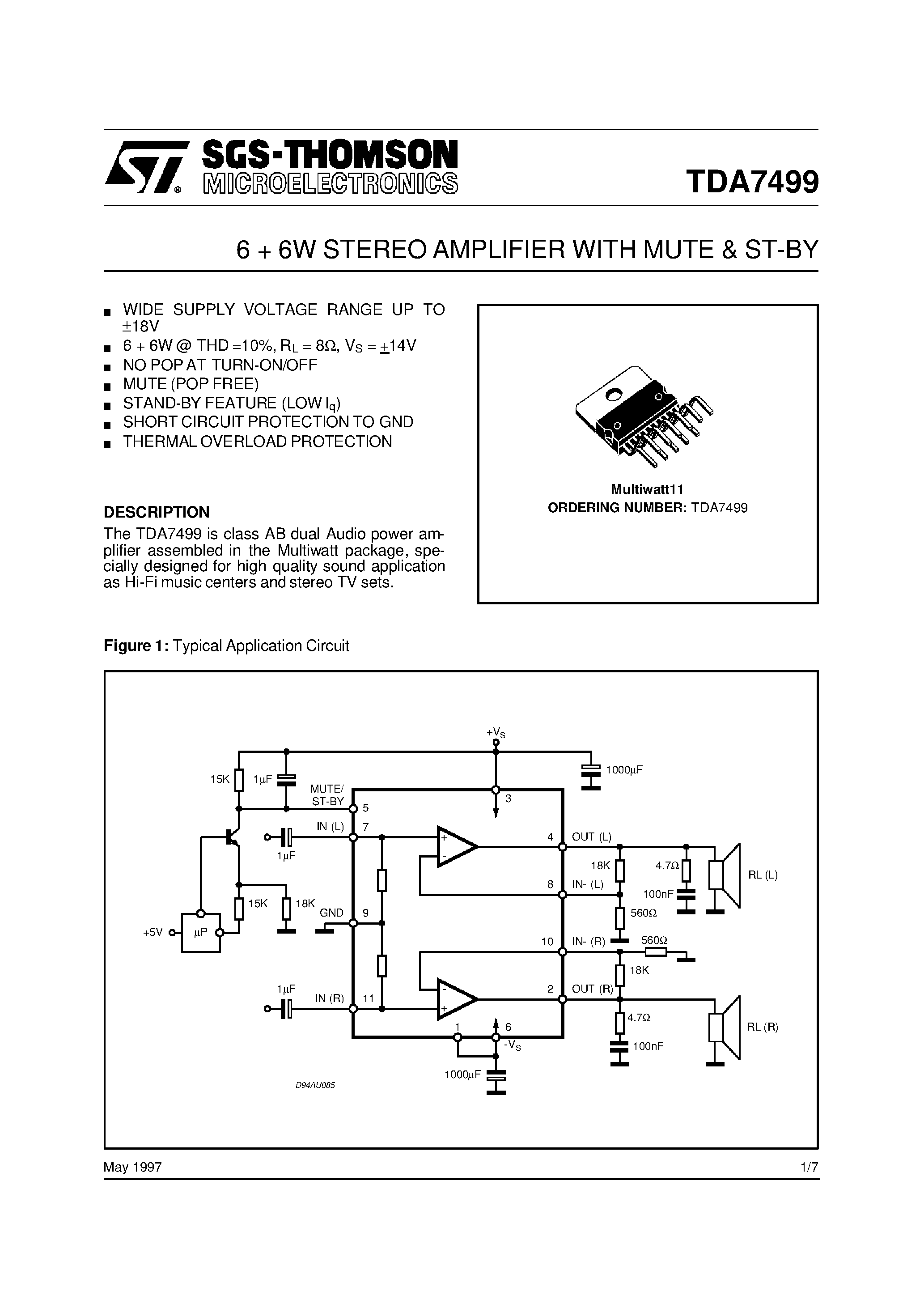 Даташит TDA7499 - 6 + 6W STEREO AMPLIFIER WITH MUTE & ST-BY страница 1