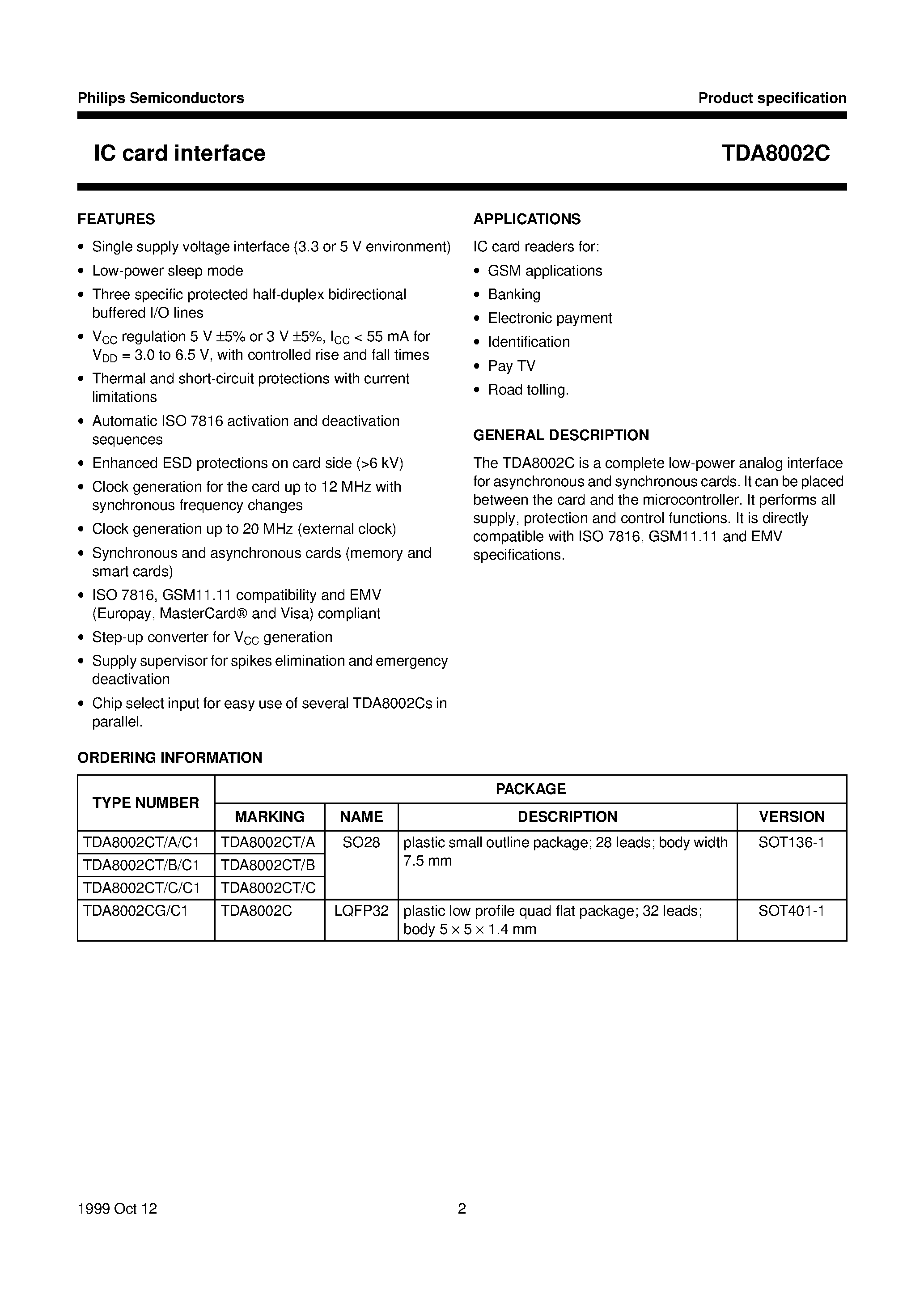 Datasheet TDA8002CT/B - IC card interface page 2