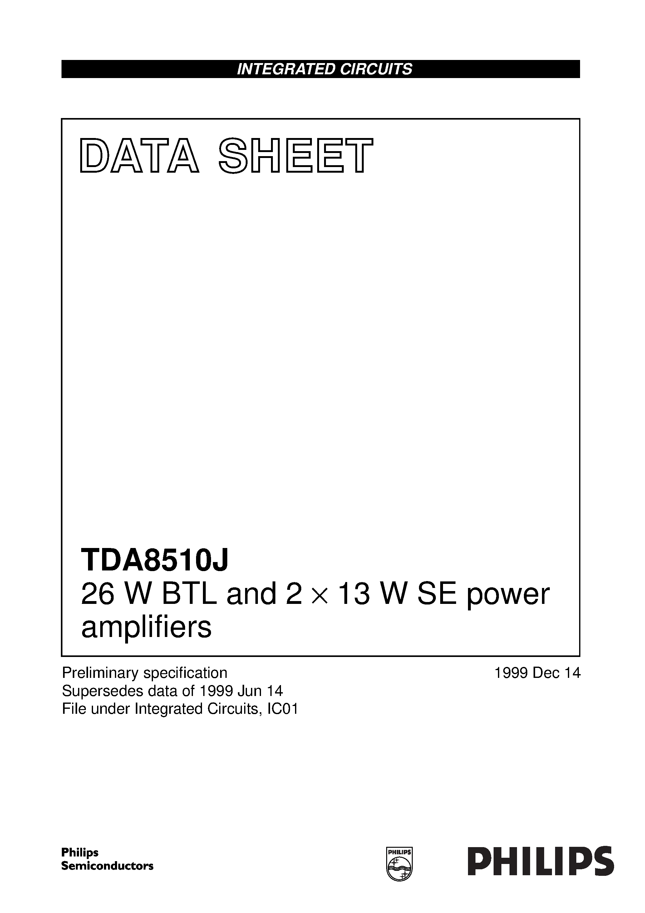 Даташит TDA8510 - 26 W BTL and 2 x 13 W SE power amplifiers страница 1