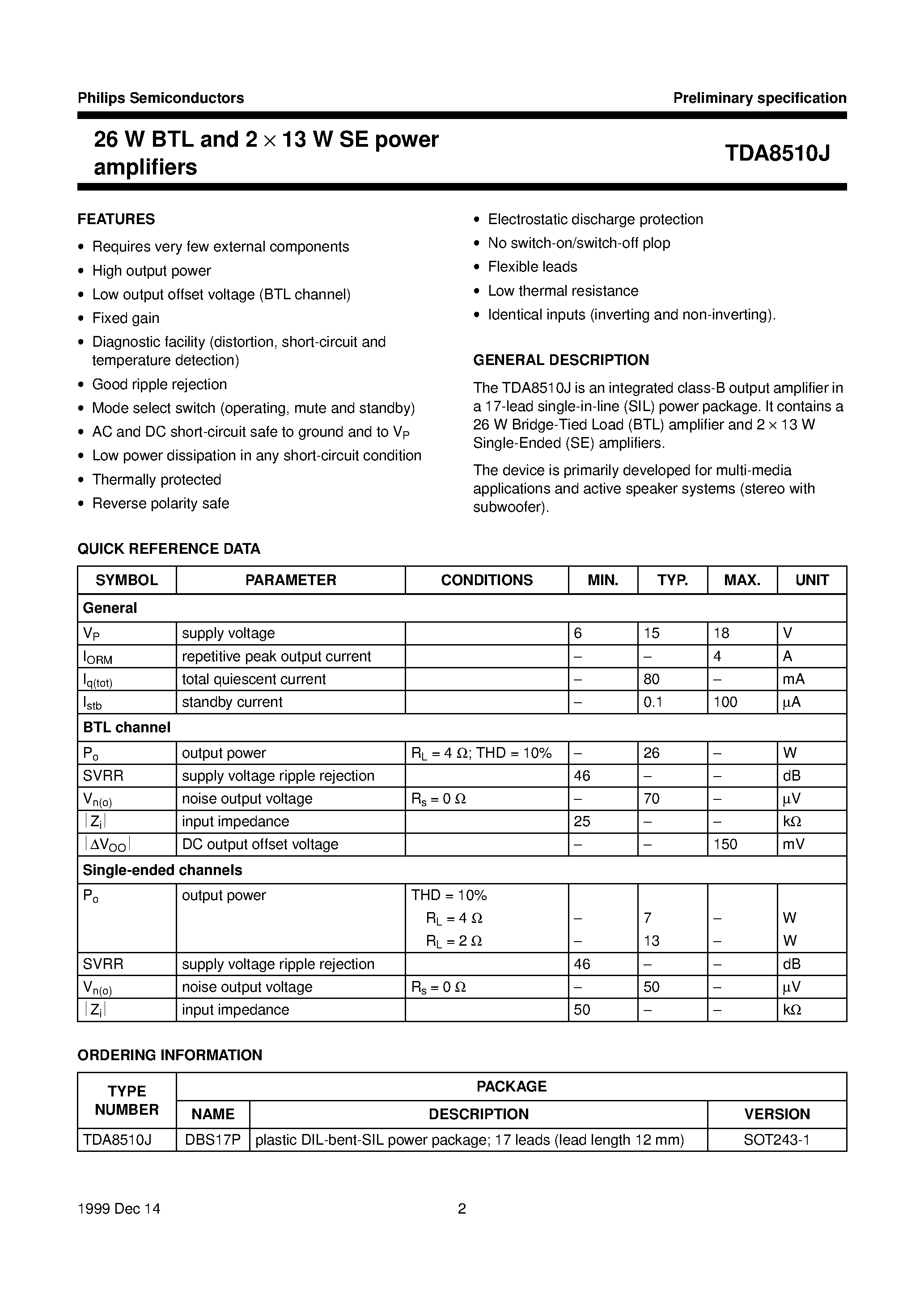 Даташит TDA8510 - 26 W BTL and 2 x 13 W SE power amplifiers страница 2