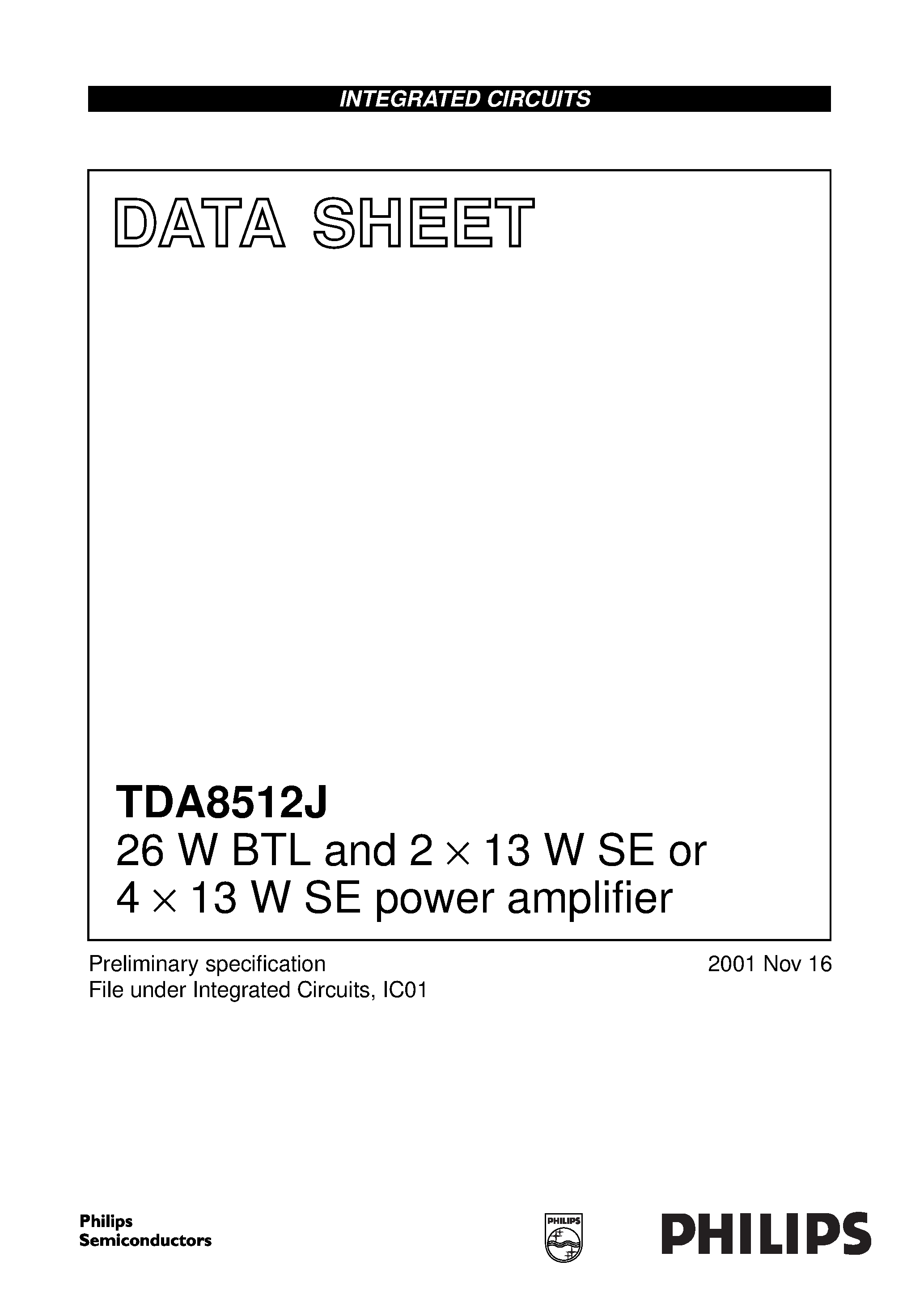 Даташит TDA8512 - 26 W BTL and 2 x 13 W SE or 4 x 13 W SE power amplifier страница 1