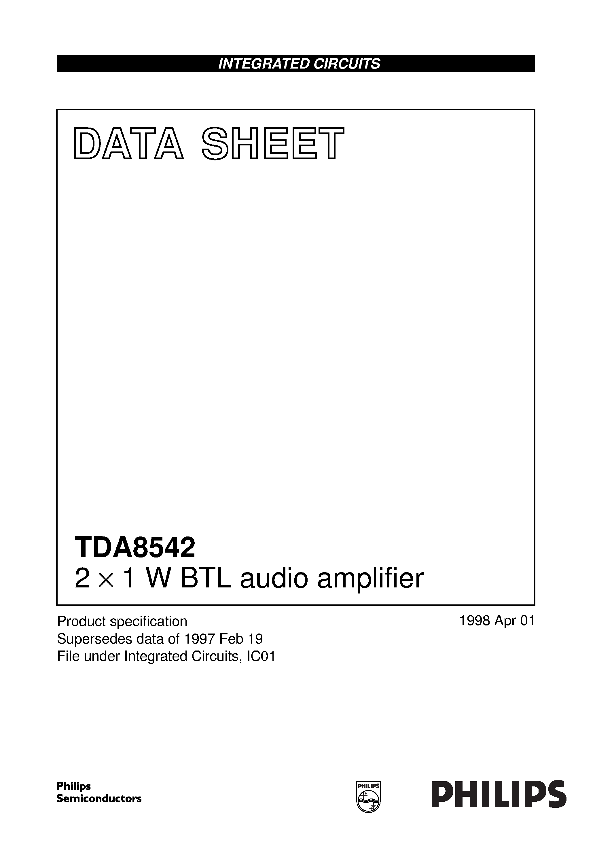 Даташит TDA8542 - 2 x 1 W BTL audio amplifier страница 1