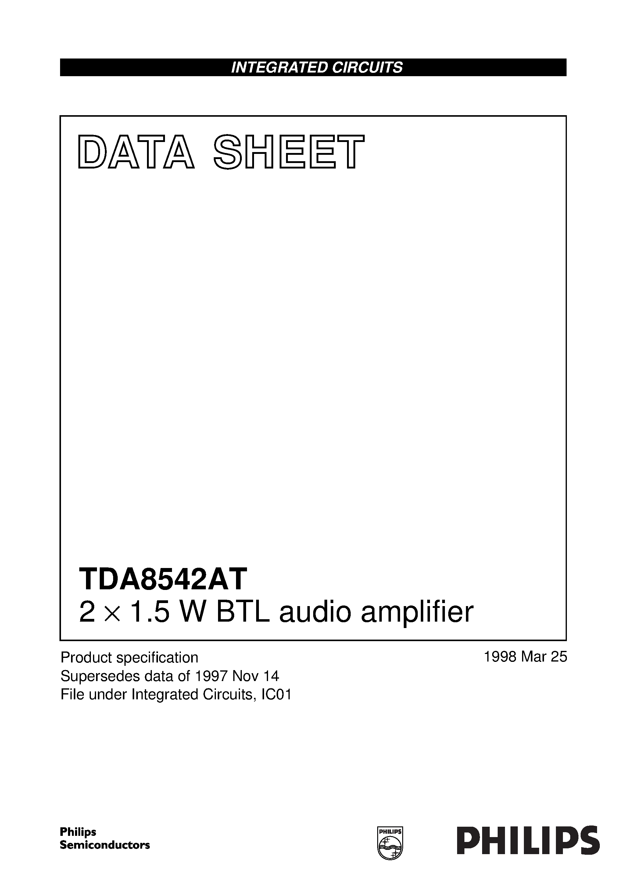 Даташит TDA8542AT - 2 x 1.5 W BTL audio amplifier страница 1