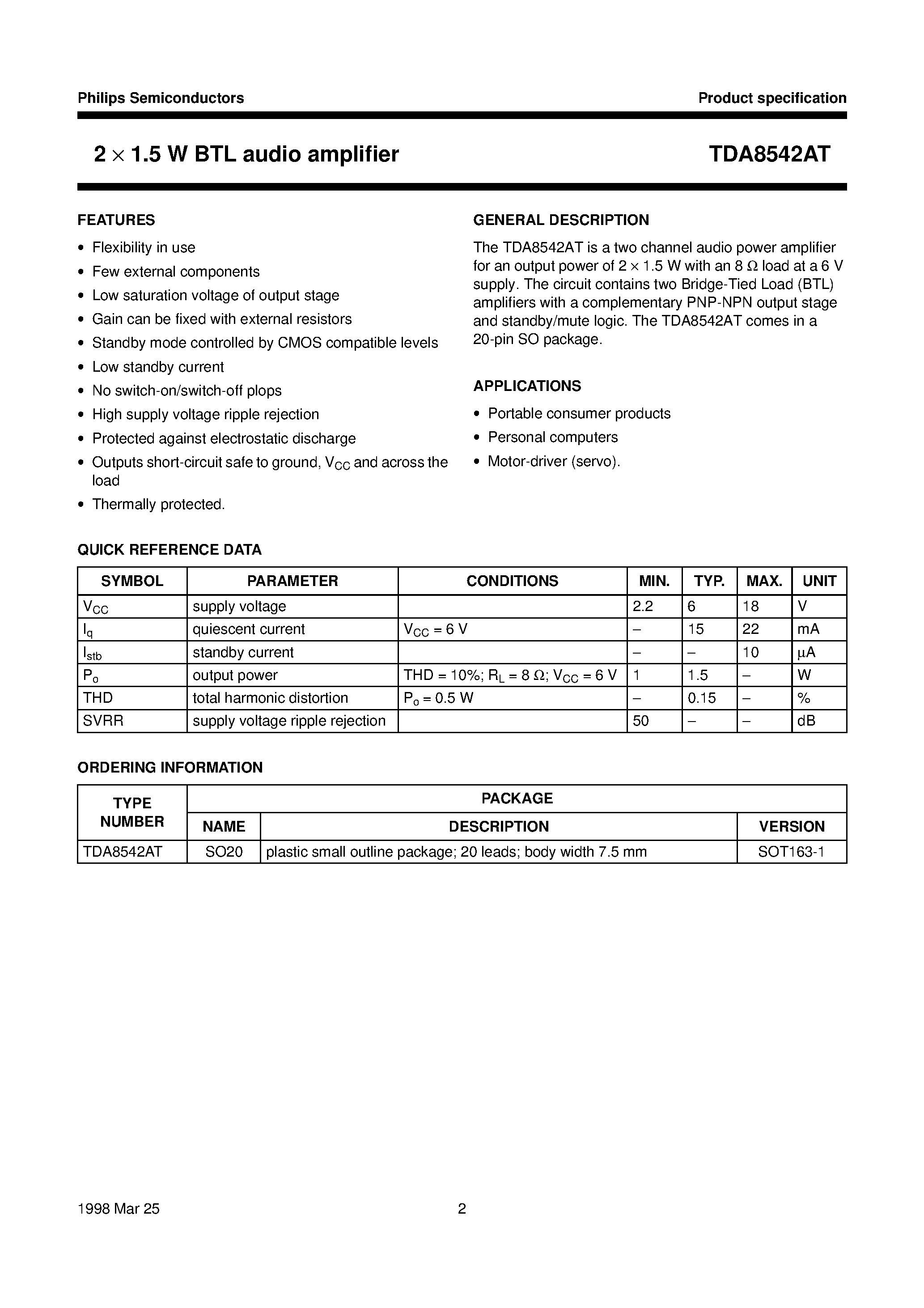 Даташит TDA8542AT - 2 x 1.5 W BTL audio amplifier страница 2