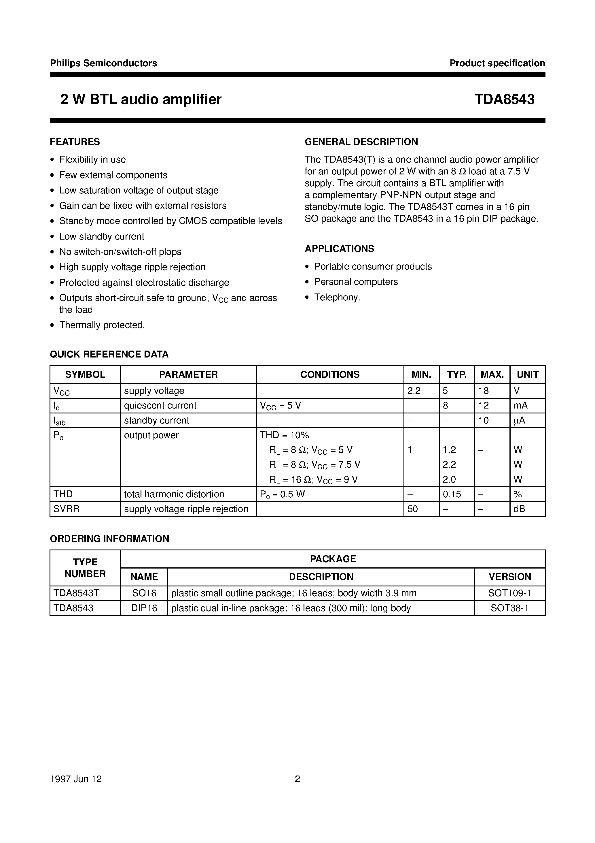 Даташит TDA8543T - 2 W BTL audio amplifier страница 2