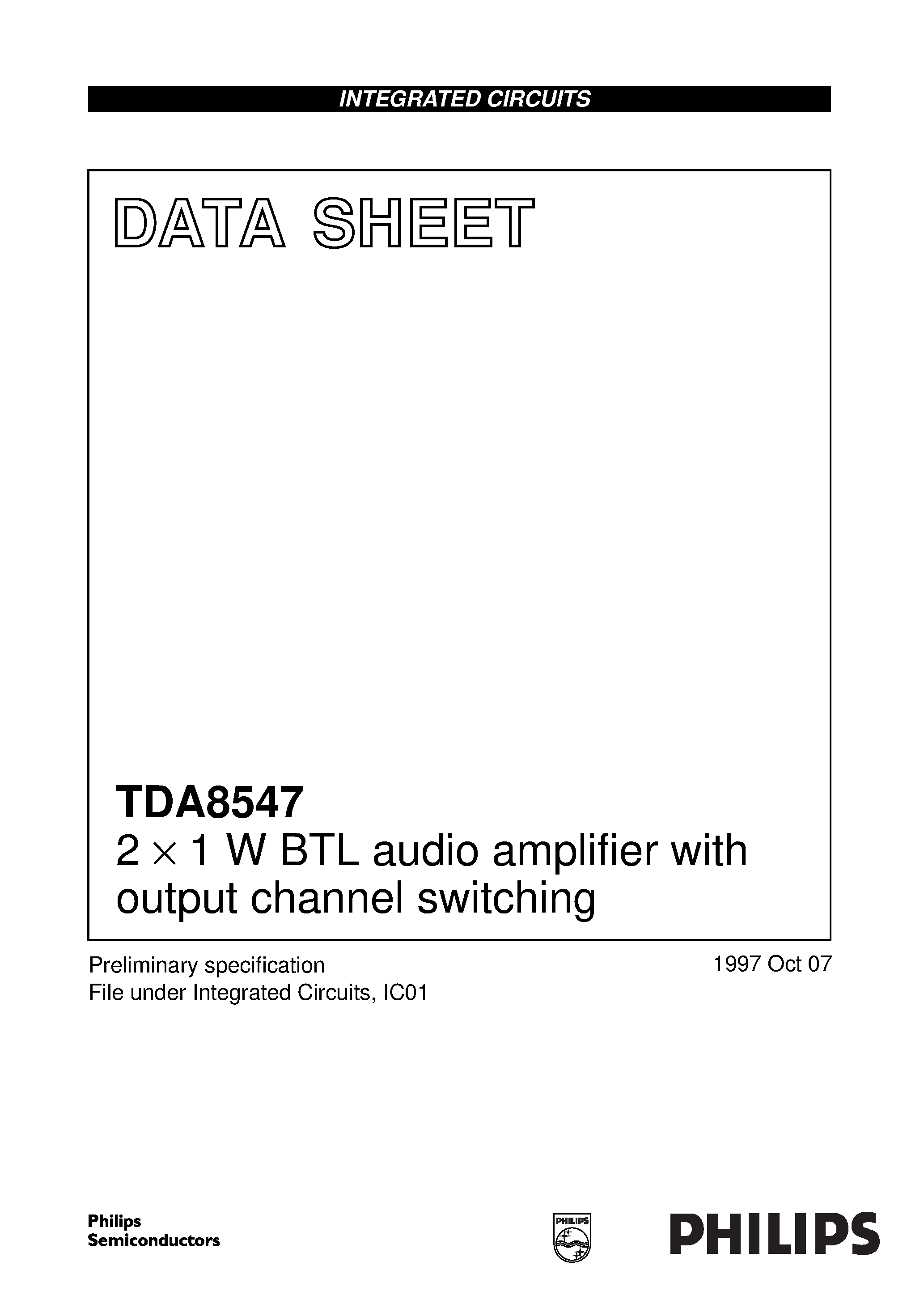 Даташит TDA8547 - 2 x 1 W BTL audio amplifier with output channel switching страница 1