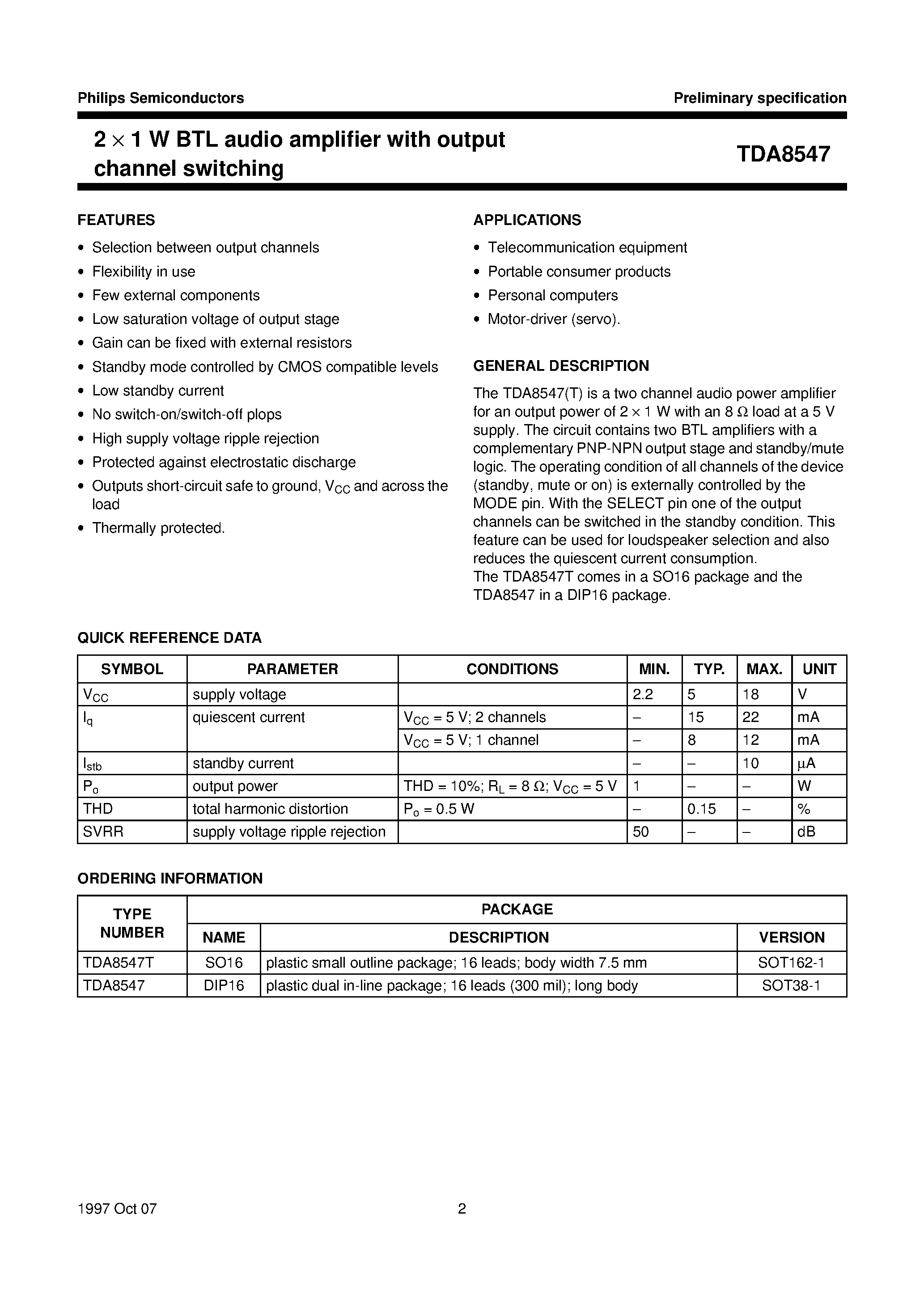 Даташит TDA8547T - 2 x 1 W BTL audio amplifier with output channel switching страница 2