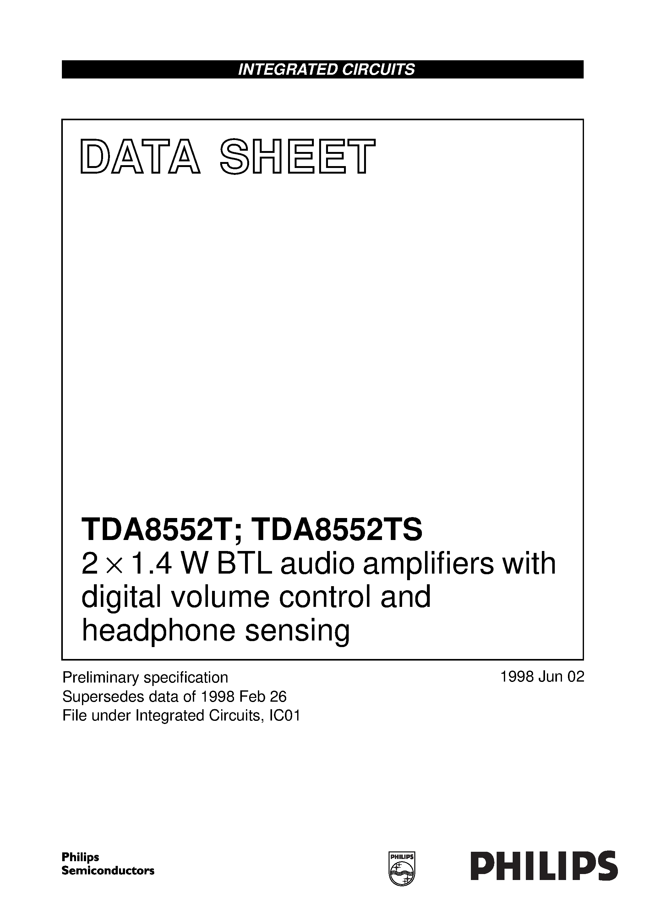 Даташит TDA8552 - 2 x 1.4 W BTL audio amplifiers with digital volume control and headphone sensing страница 1