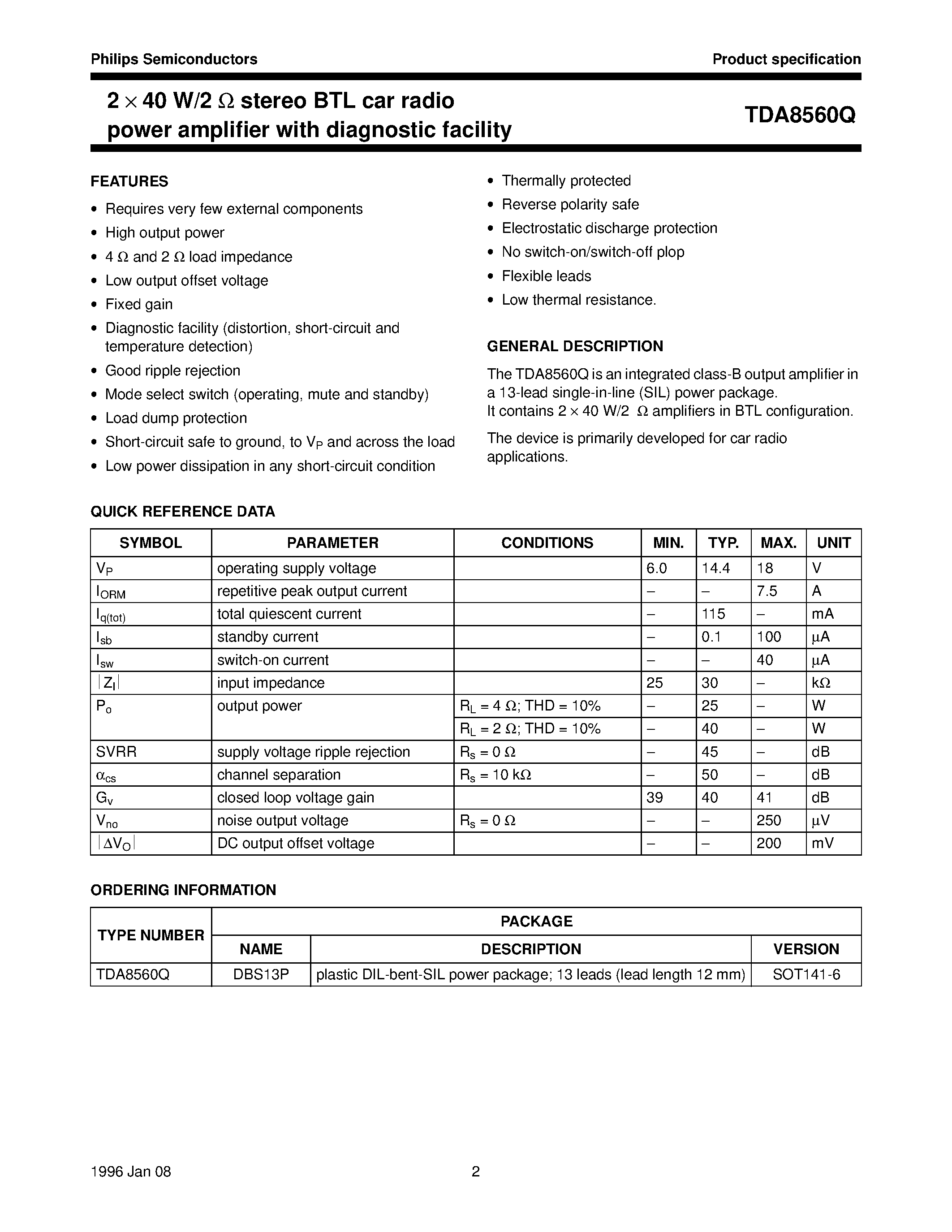 Даташит TDA8560Q - 2 x 40 W/2 ohm stereo BTL car radio power amplifier with diagnostic facility страница 2