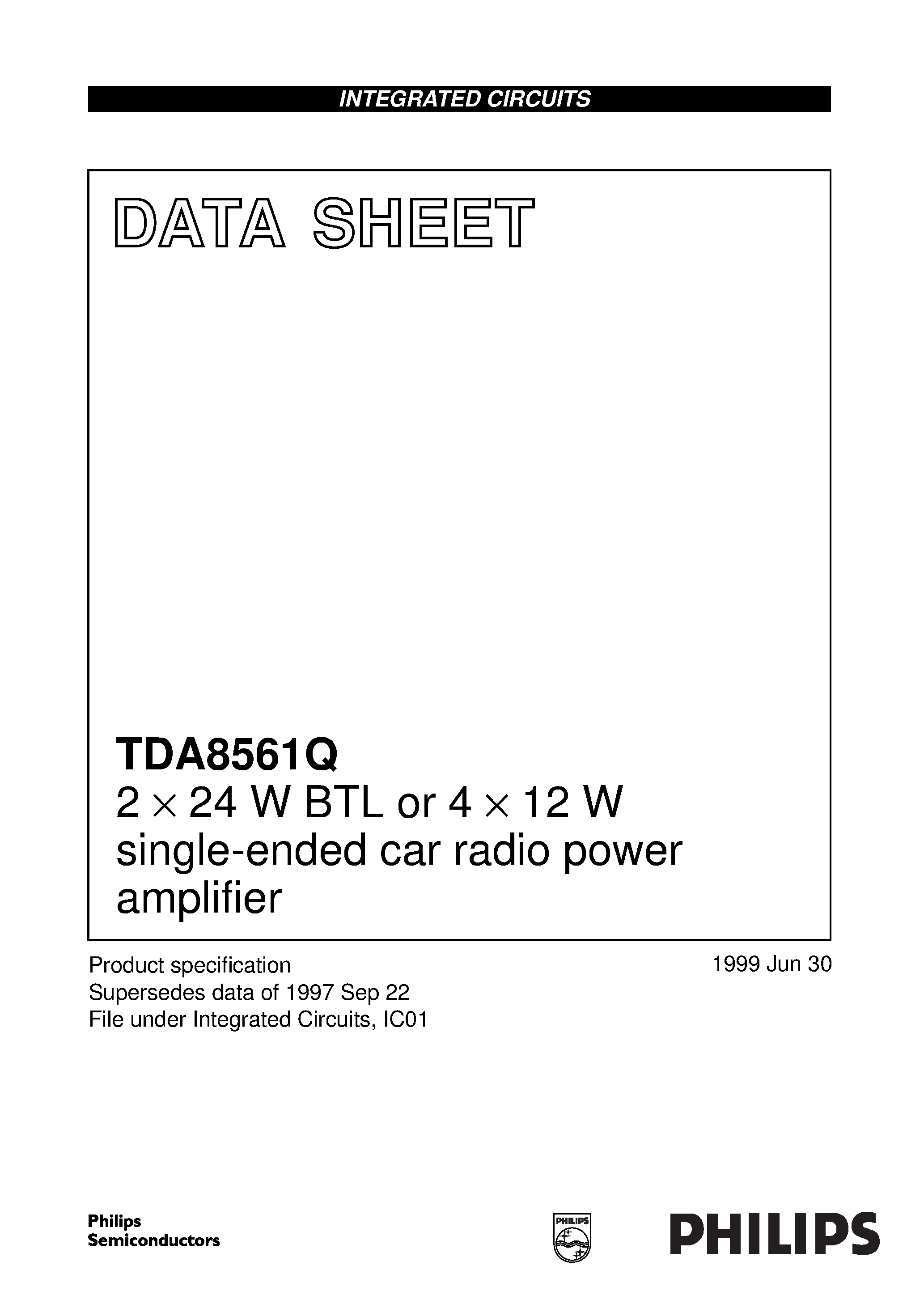 Даташит TDA8561 - 2 x 24 W BTL or 4 x 12 W single-ended car radio power amplifier страница 1