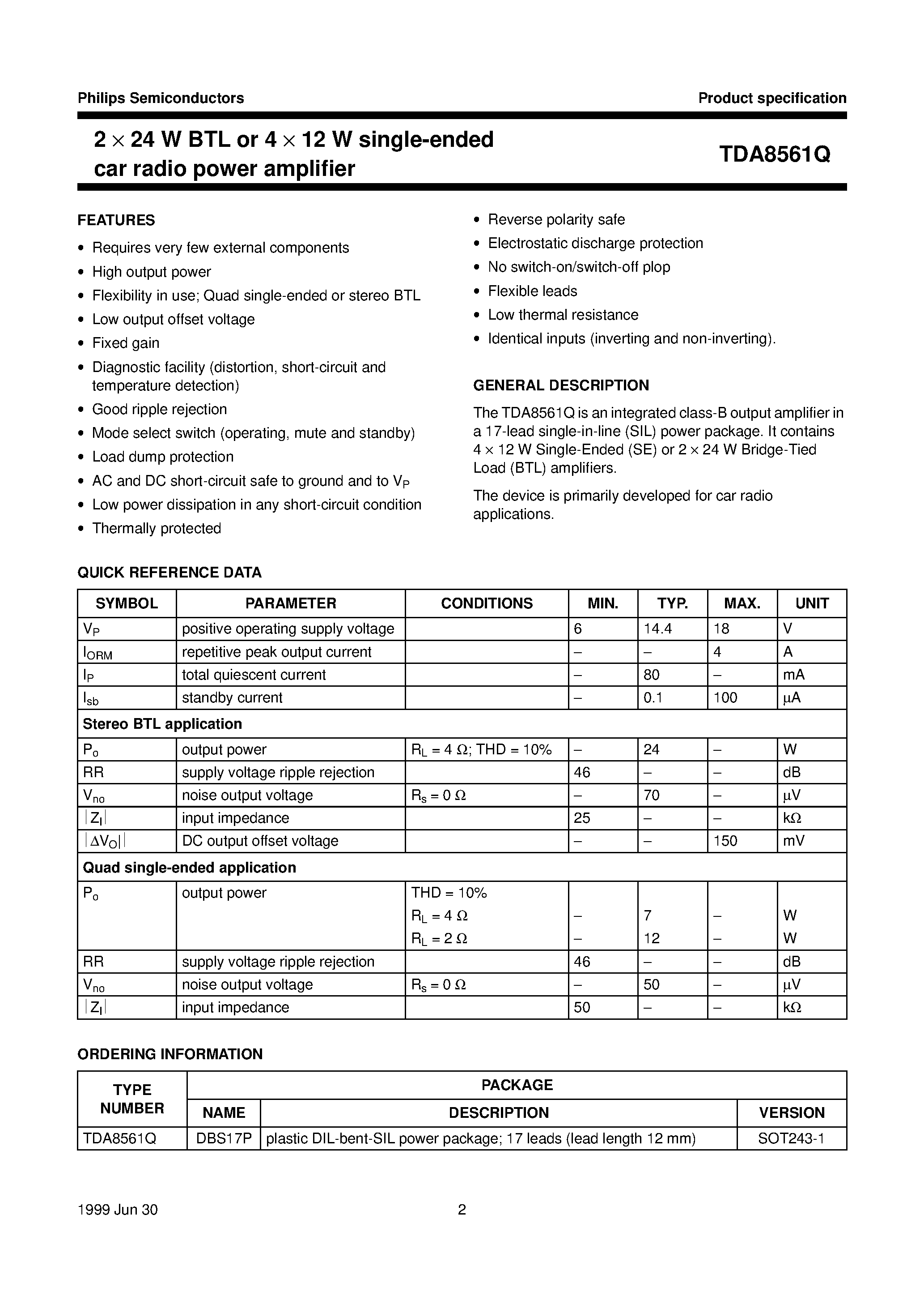 Даташит TDA8561Q - 2 x 24 W BTL or 4 x 12 W single-ended car radio power amplifier страница 2