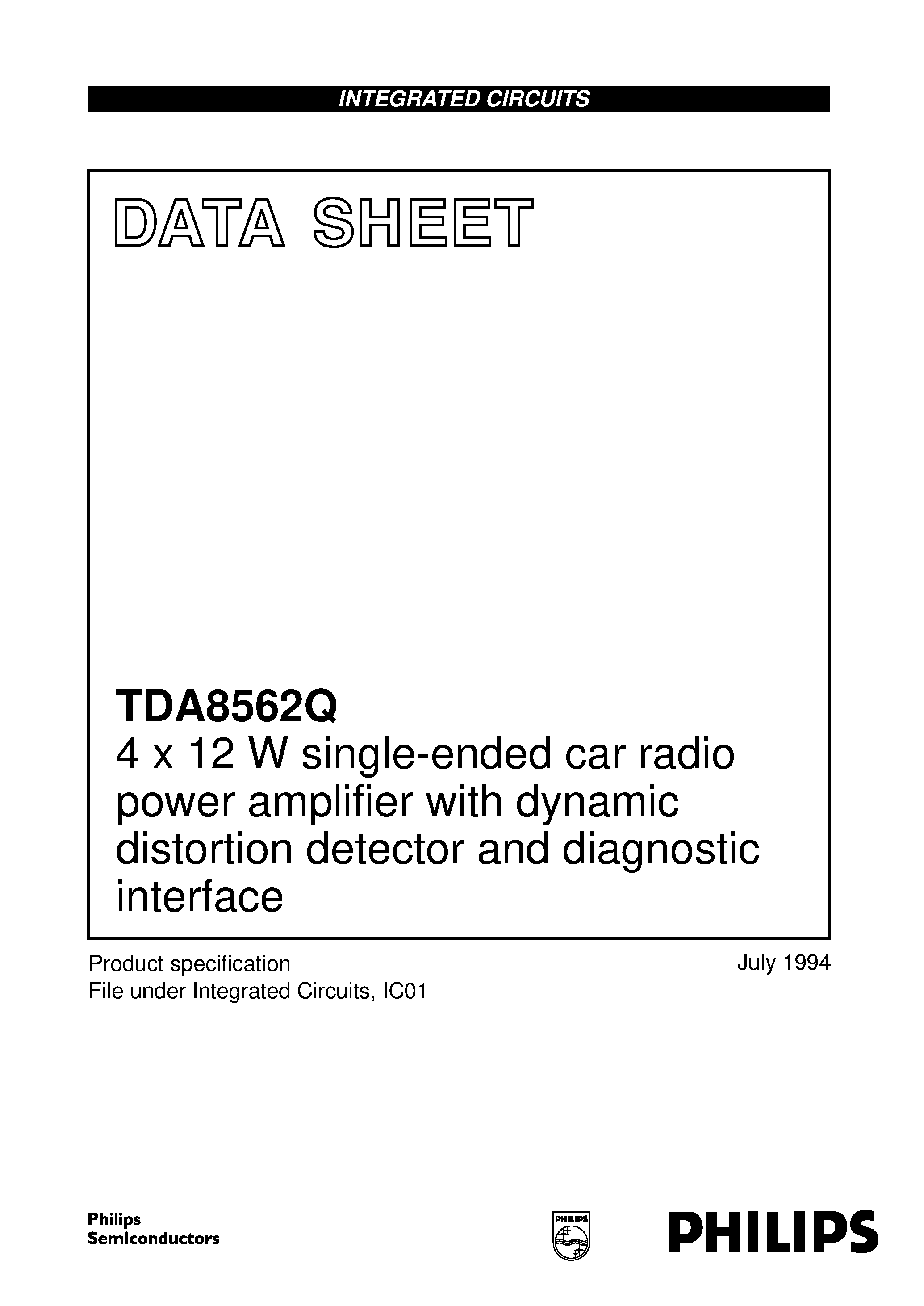 Даташит TDA8562 - 4 x 12 W single-ended car radio power amplifier with dynamic distortion detector and diagnostic interface страница 1