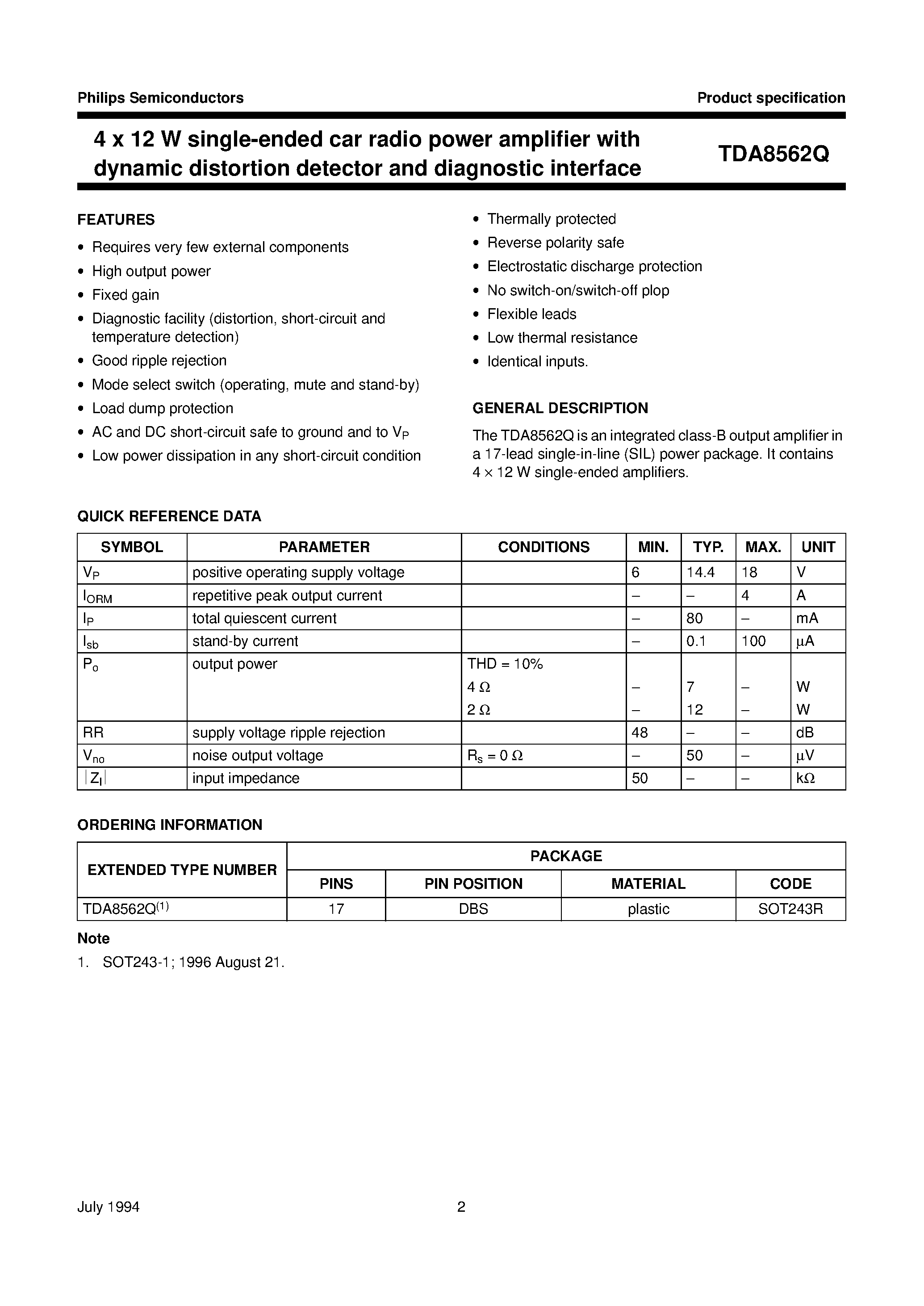 Даташит TDA8562Q - 4 x 12 W single-ended car radio power amplifier with dynamic distortion detector and diagnostic interface страница 2