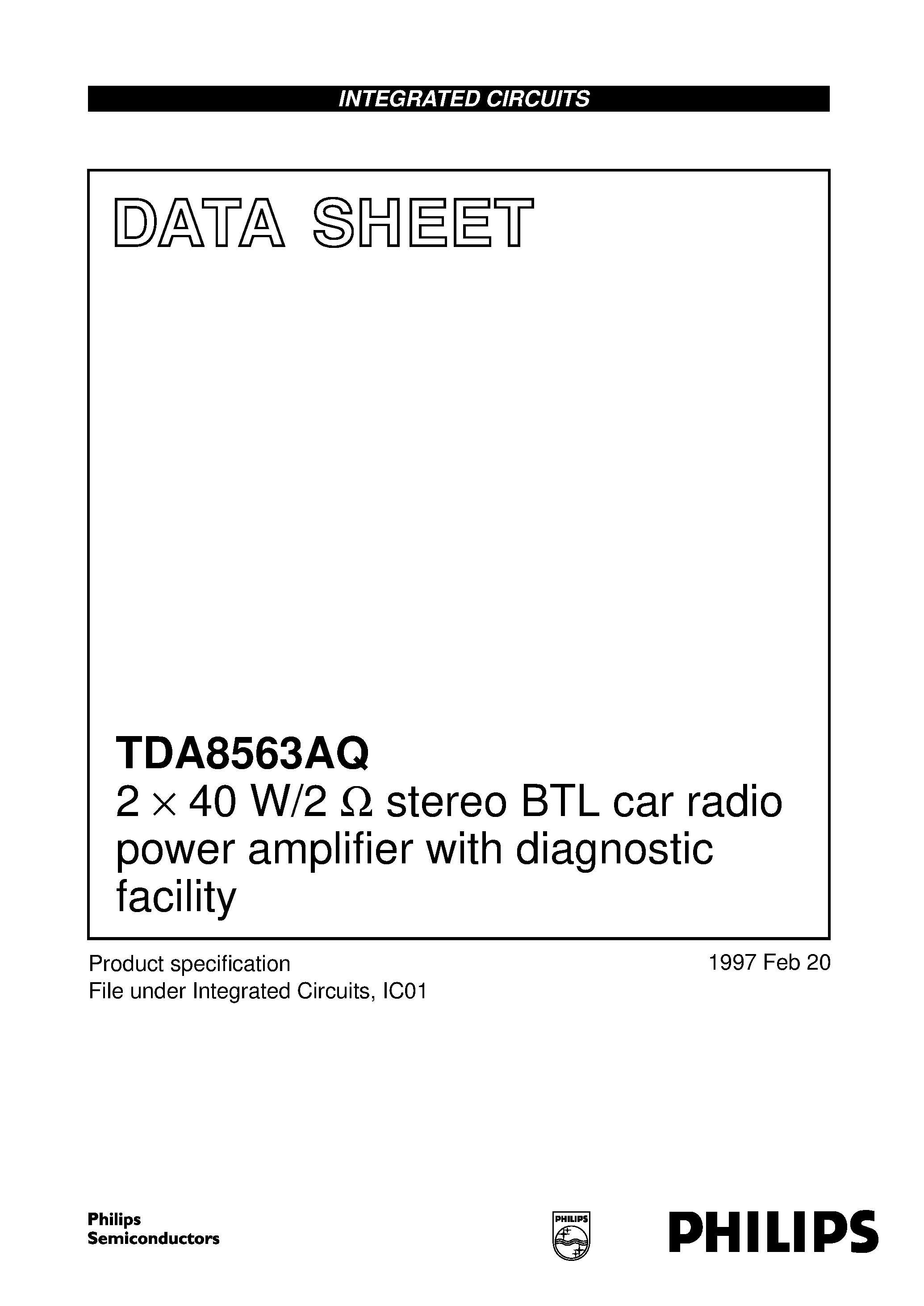 Даташит TDA8563 - 2 x 40 W/2 ohm stereo BTL car radio power amplifier with diagnostic facility страница 1