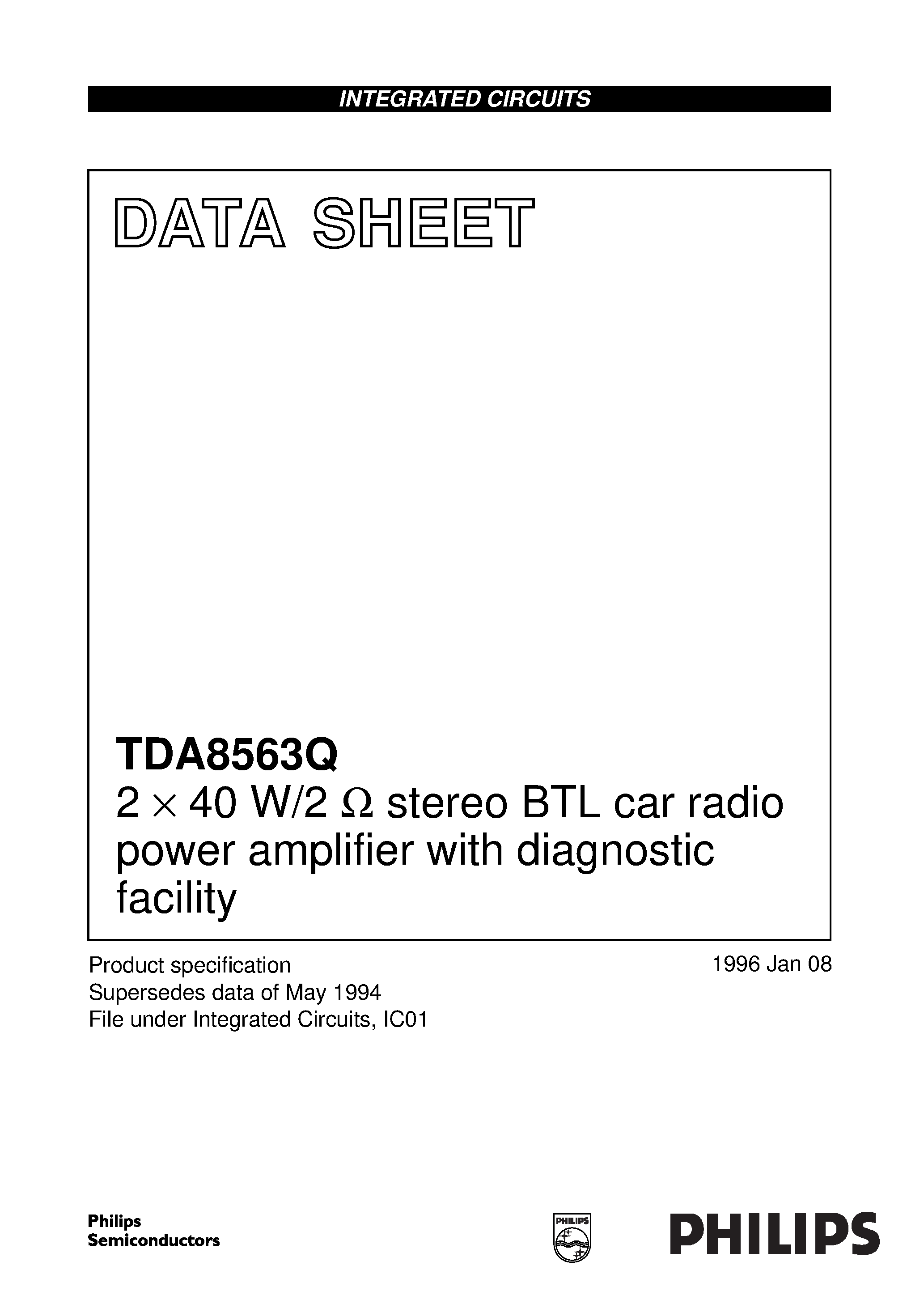 Даташит TDA8563Q - 2 x 40 W/2 ohm stereo BTL car radio power amplifier with diagnostic facility страница 1