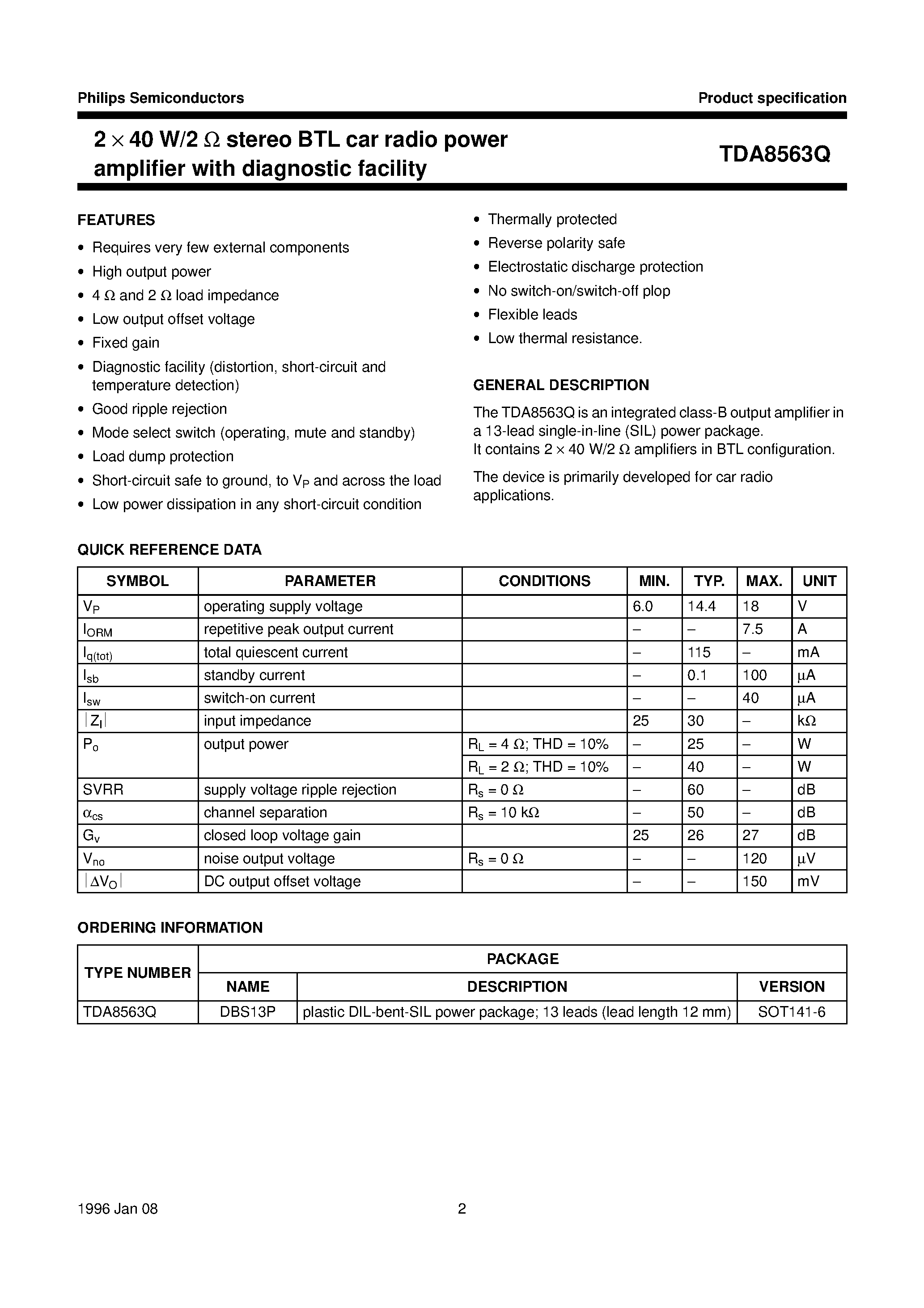 Даташит TDA8563Q - 2 x 40 W/2 ohm stereo BTL car radio power amplifier with diagnostic facility страница 2
