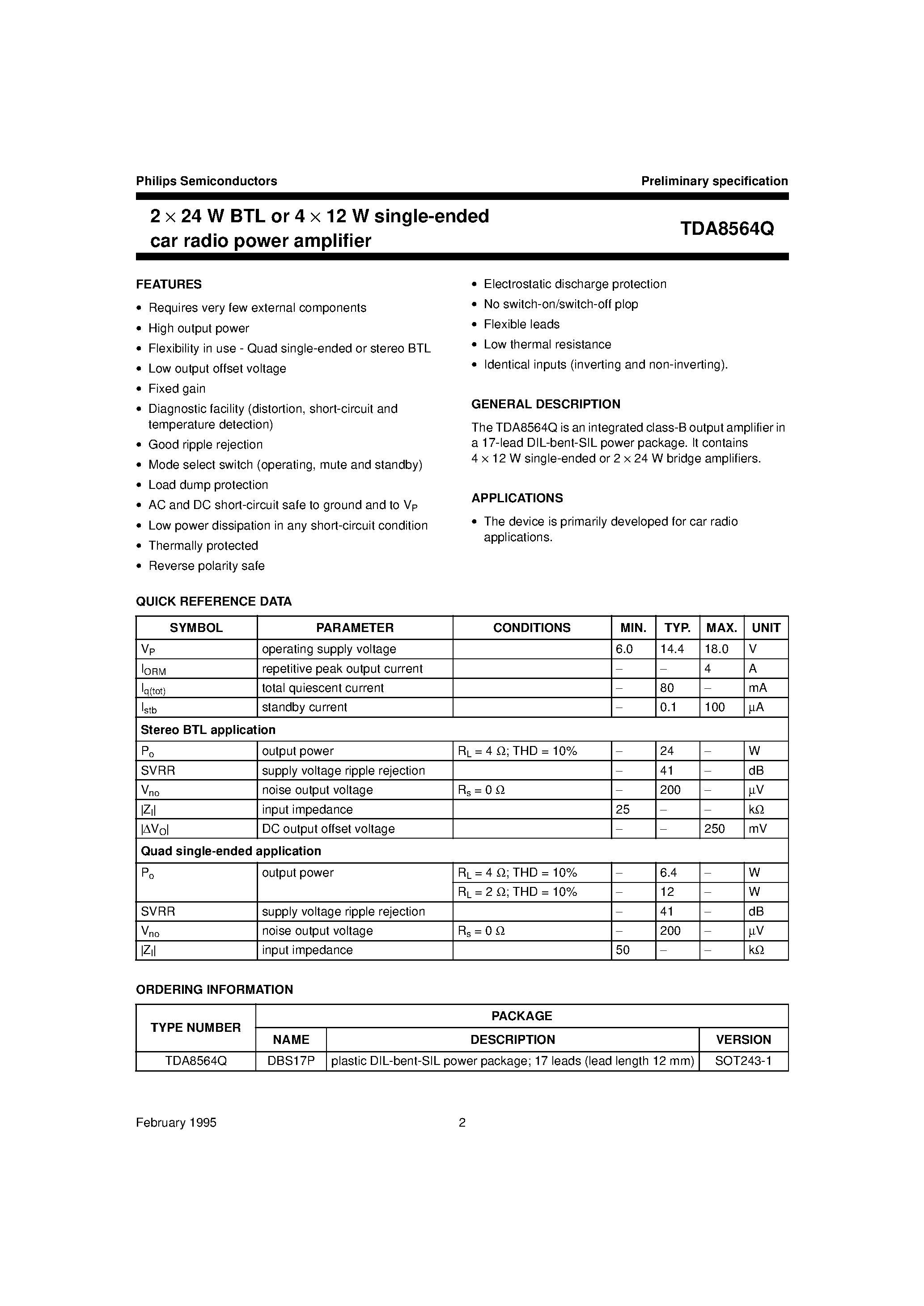 Даташит TDA8564Q - 2 x 24 W BTL or 4 x 12 W single-ended car radio power amplifier страница 1