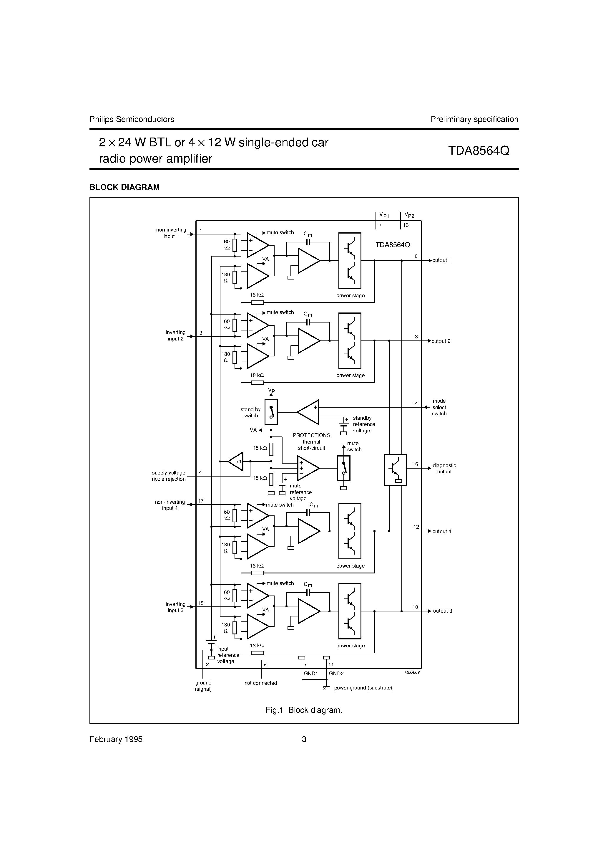 Даташит TDA8564Q - 2 x 24 W BTL or 4 x 12 W single-ended car radio power amplifier страница 2