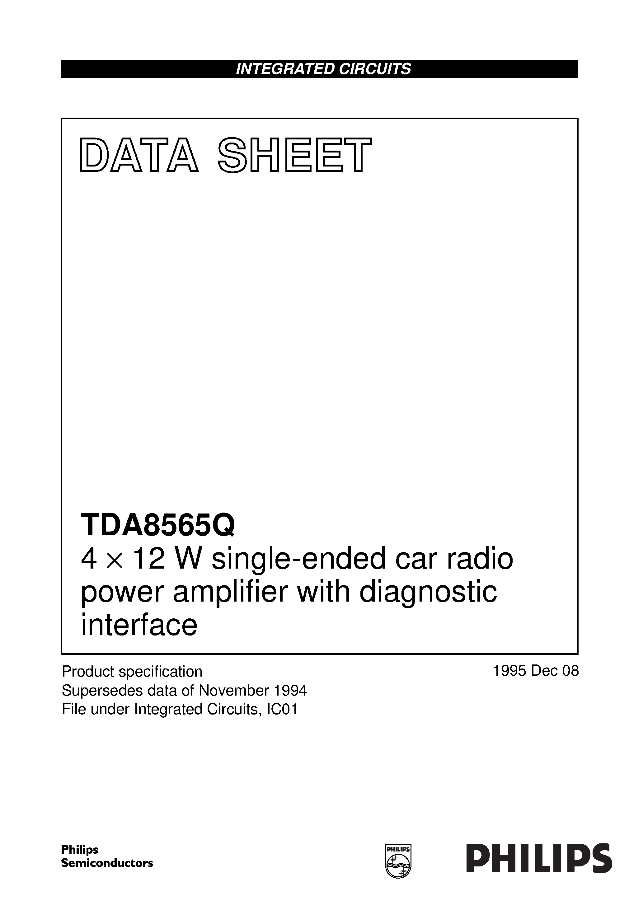 Даташит TDA8565Q - 4 x 12 W single-ended car radio power amplifier with diagnostic interface страница 1