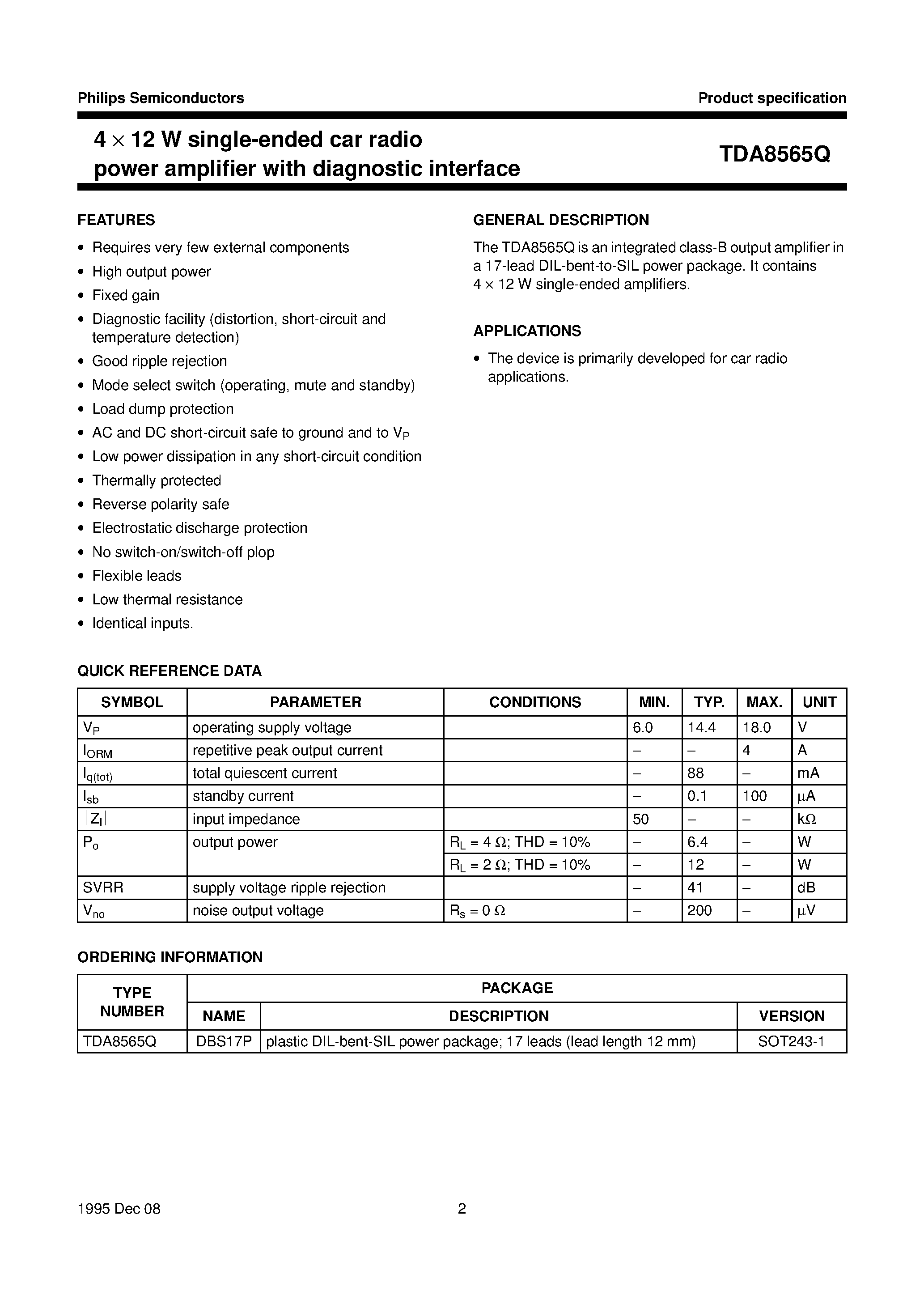 Даташит TDA8565Q - 4 x 12 W single-ended car radio power amplifier with diagnostic interface страница 2