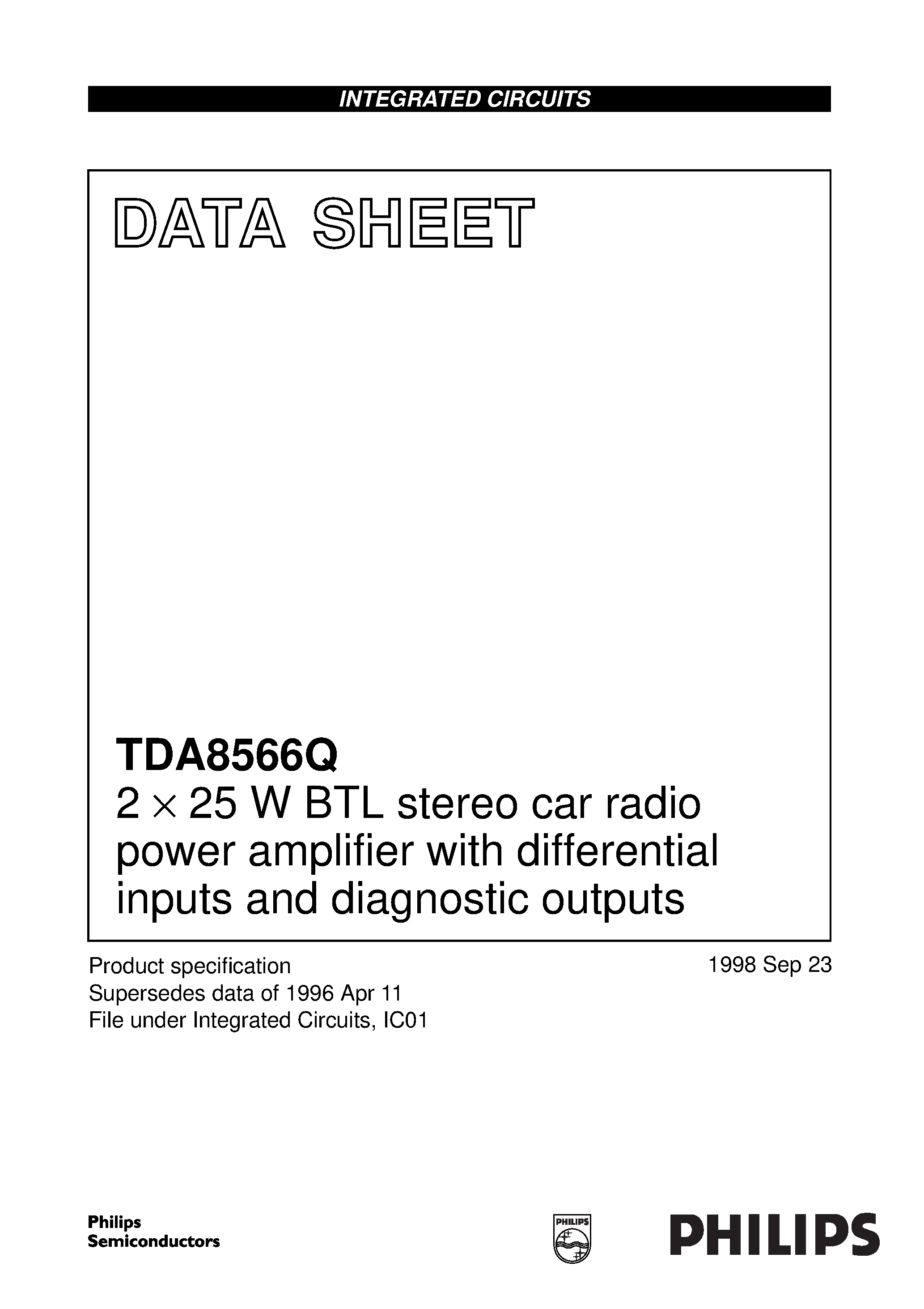 Даташит TDA8566 - 2 x 40 W/2 ohm stereo BTL car radio power amplifier with differential inputs and diagnostic outputs страница 1