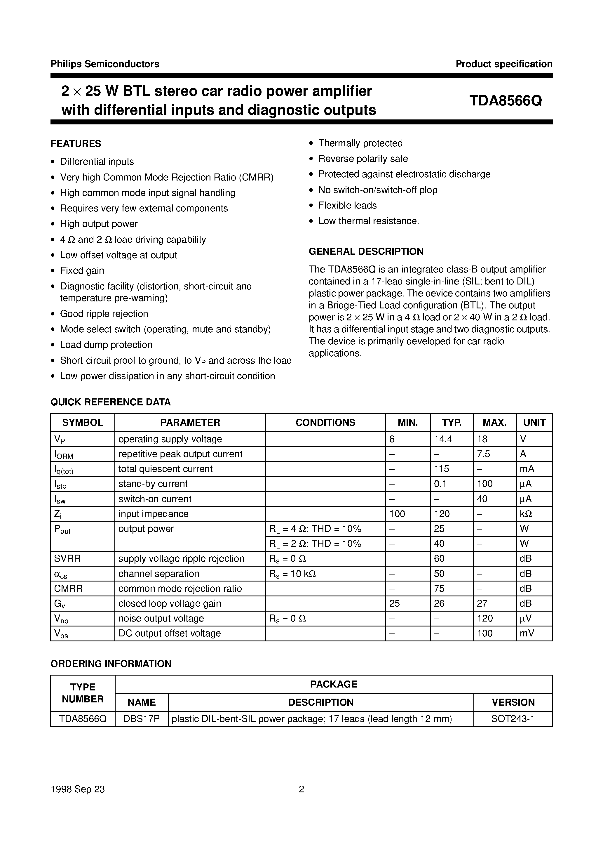 Даташит TDA8566Q - 2 x 25 W BTL stereo car radio power amplifier with differential inputs and diagnostic outputs страница 2