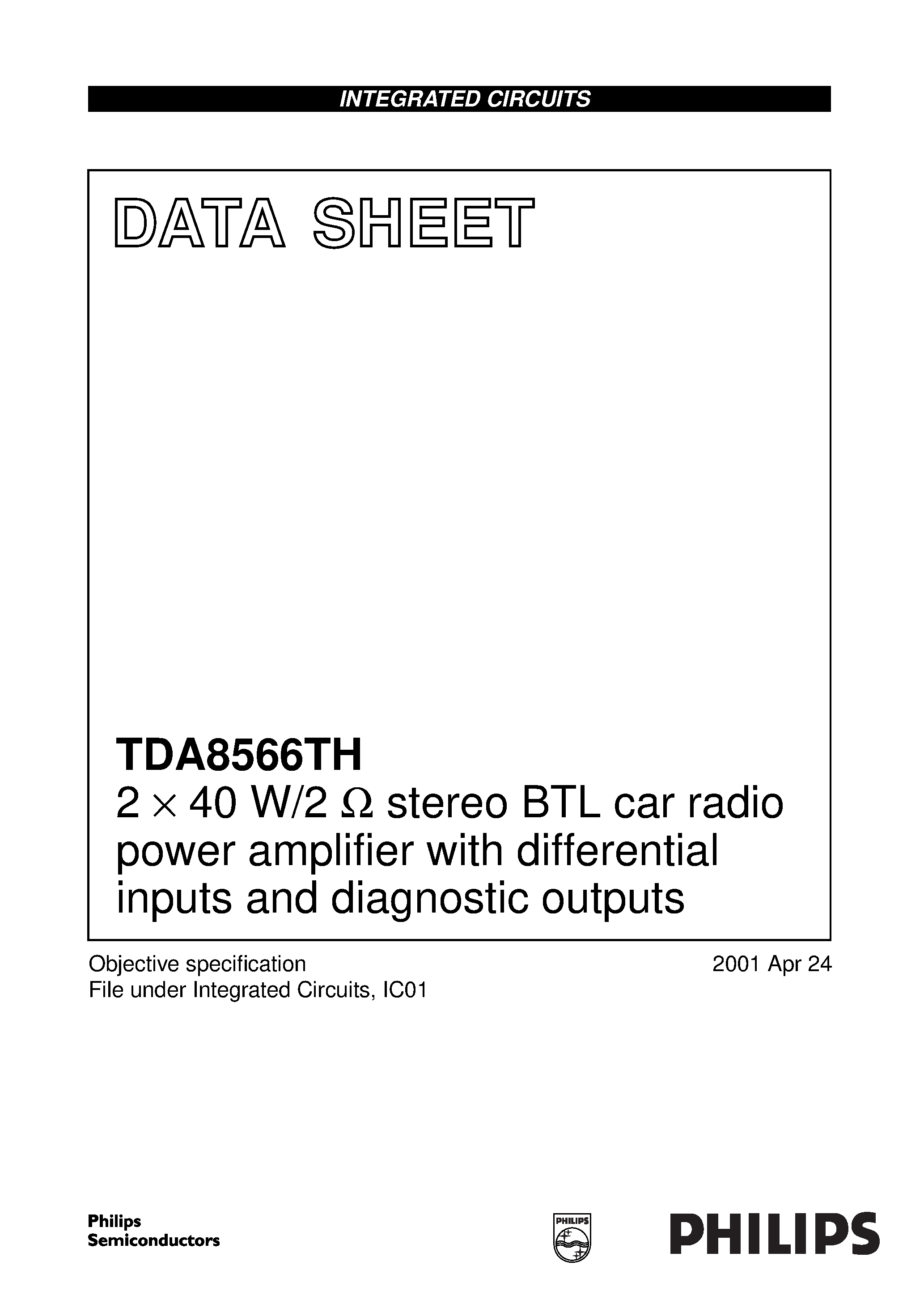 Даташит TDA8566TH - 2 x 40 W/2 ohm stereo BTL car radio power amplifier with differential inputs and diagnostic outputs страница 1