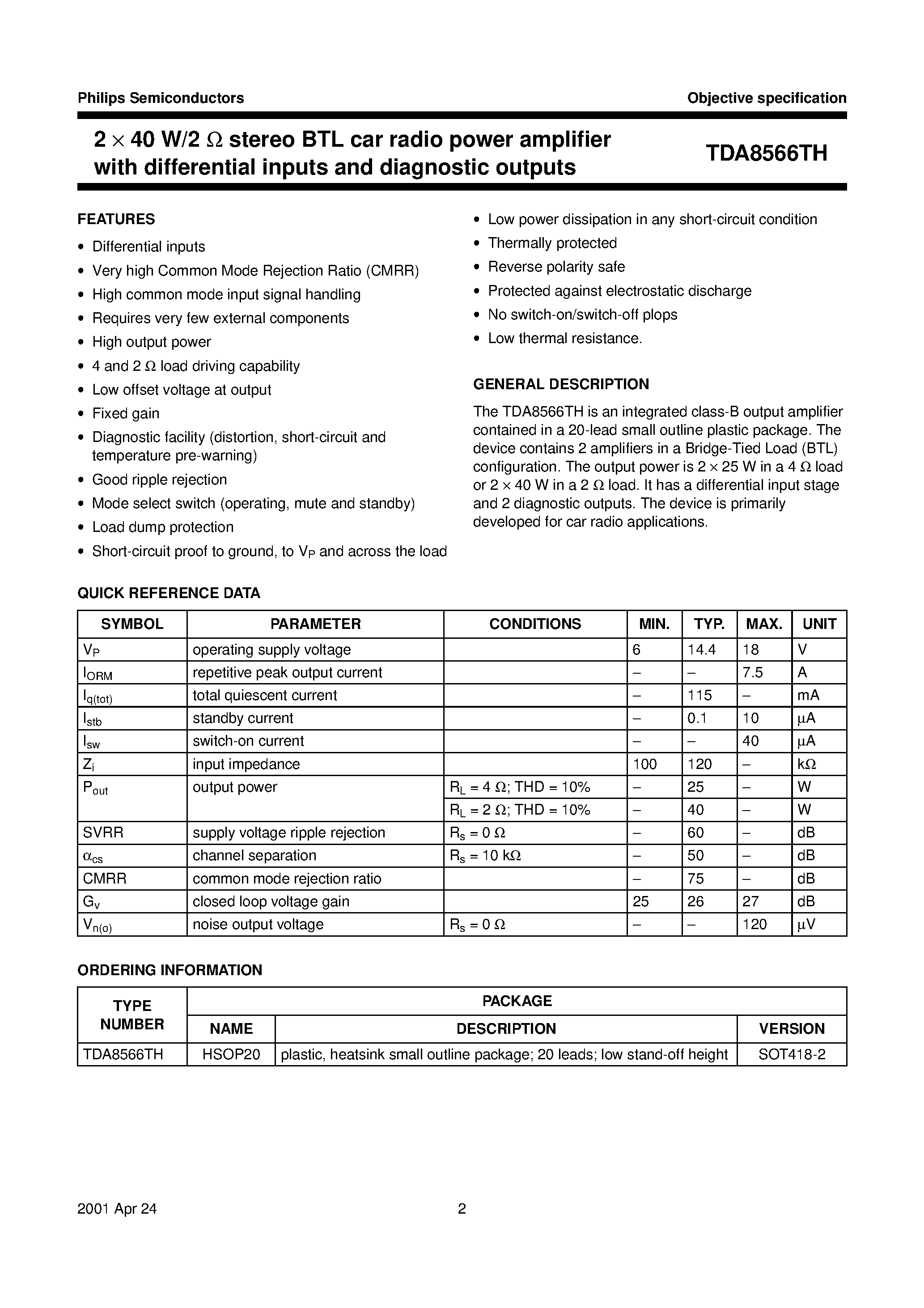 Даташит TDA8566TH - 2 x 40 W/2 ohm stereo BTL car radio power amplifier with differential inputs and diagnostic outputs страница 2