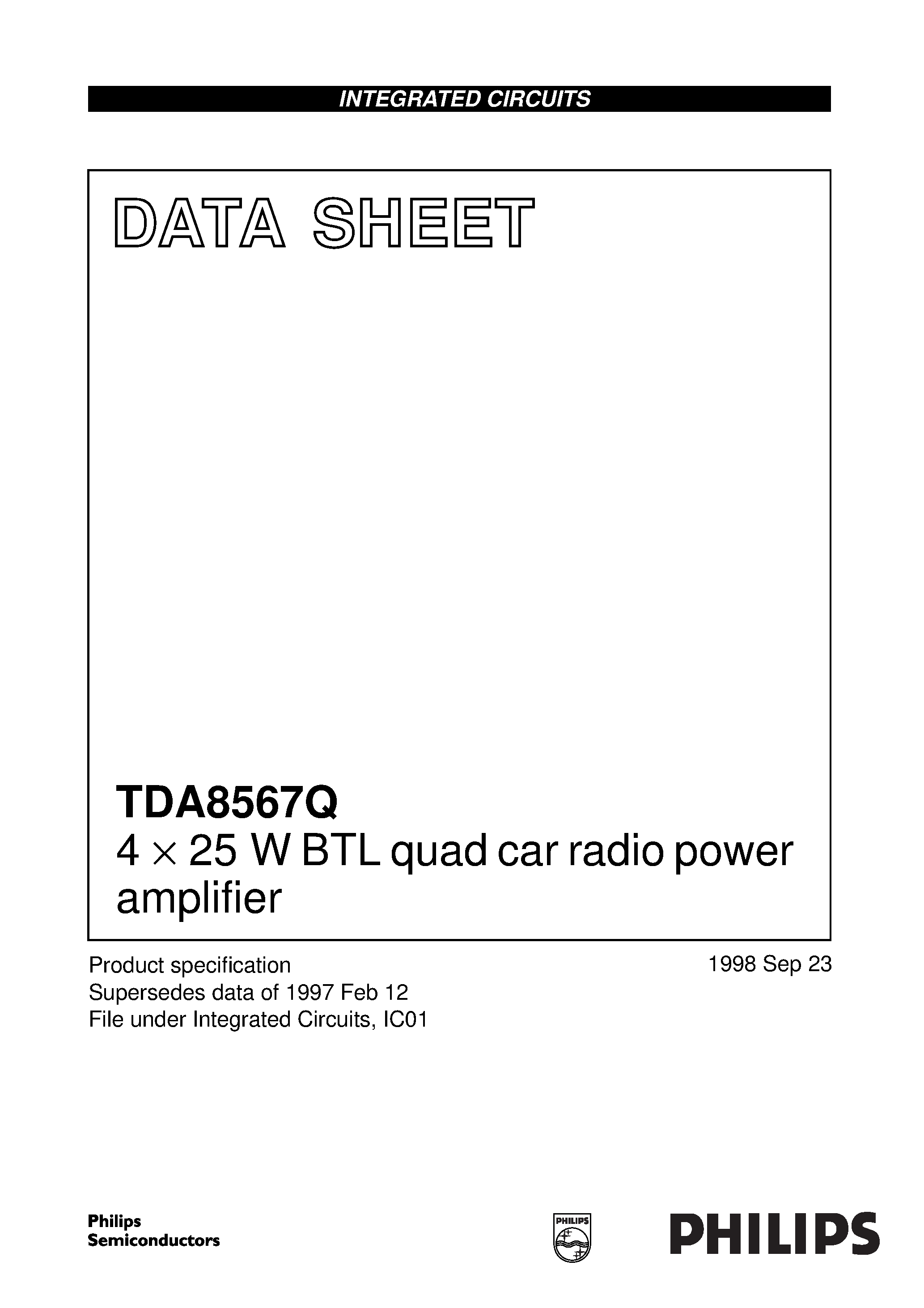 Даташит TDA8567 - 4 x 25 W BTL quad car radio power amplifier страница 1