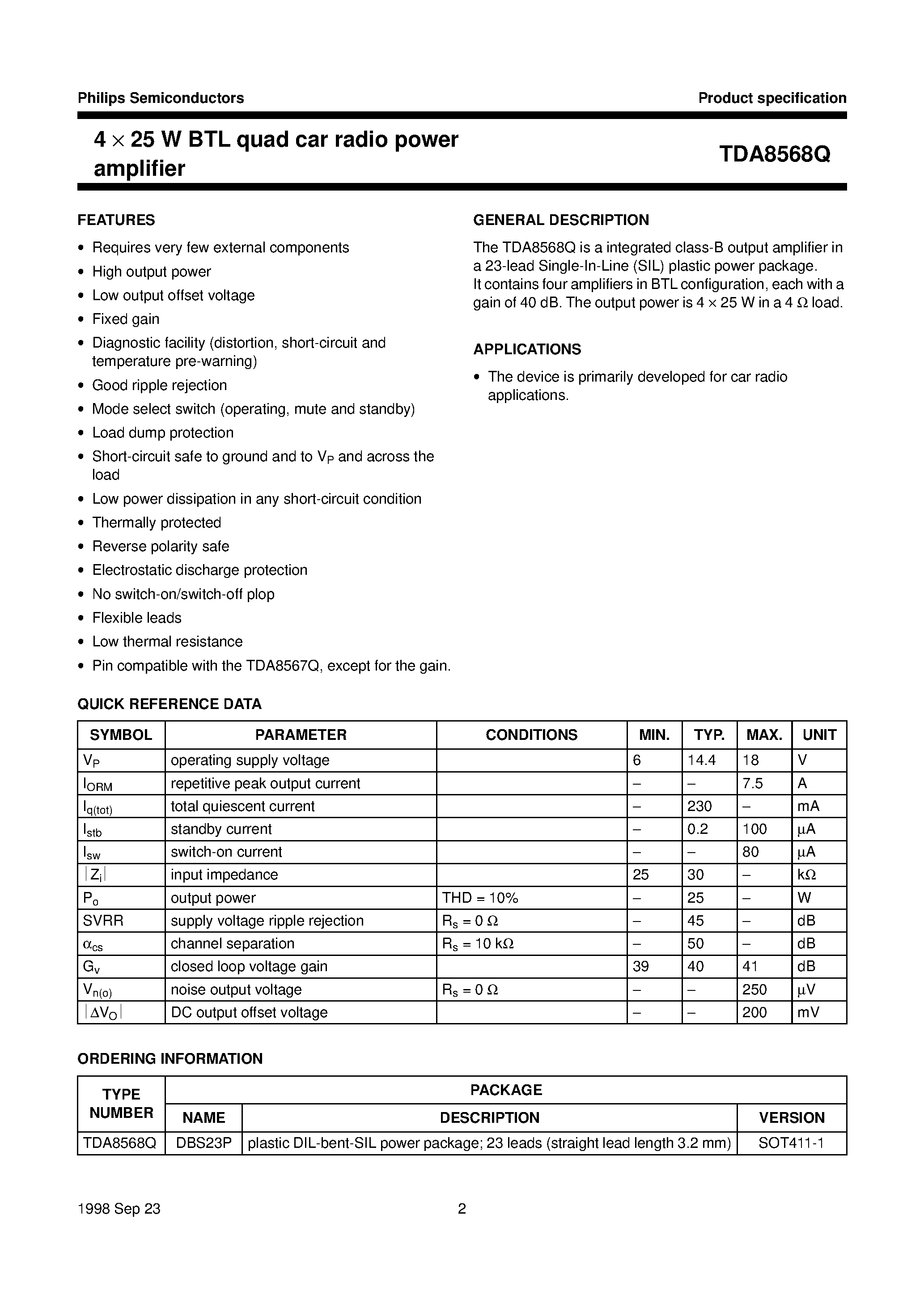 Даташит TDA8568Q - 4 x 25 W BTL quad car radio power amplifier страница 2