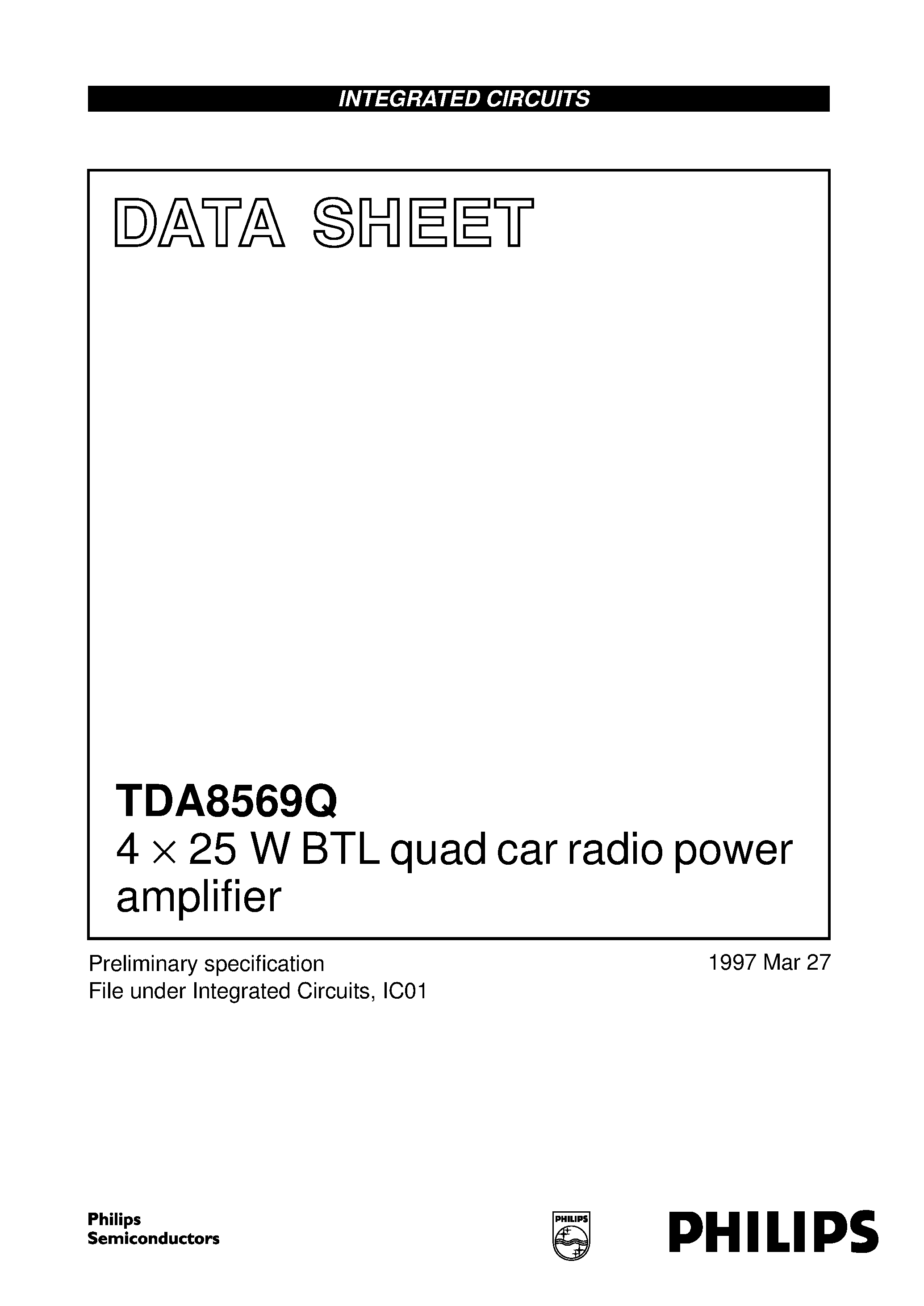 Даташит TDA8569 - 4 x 25 W BTL quad car radio power amplifier страница 1