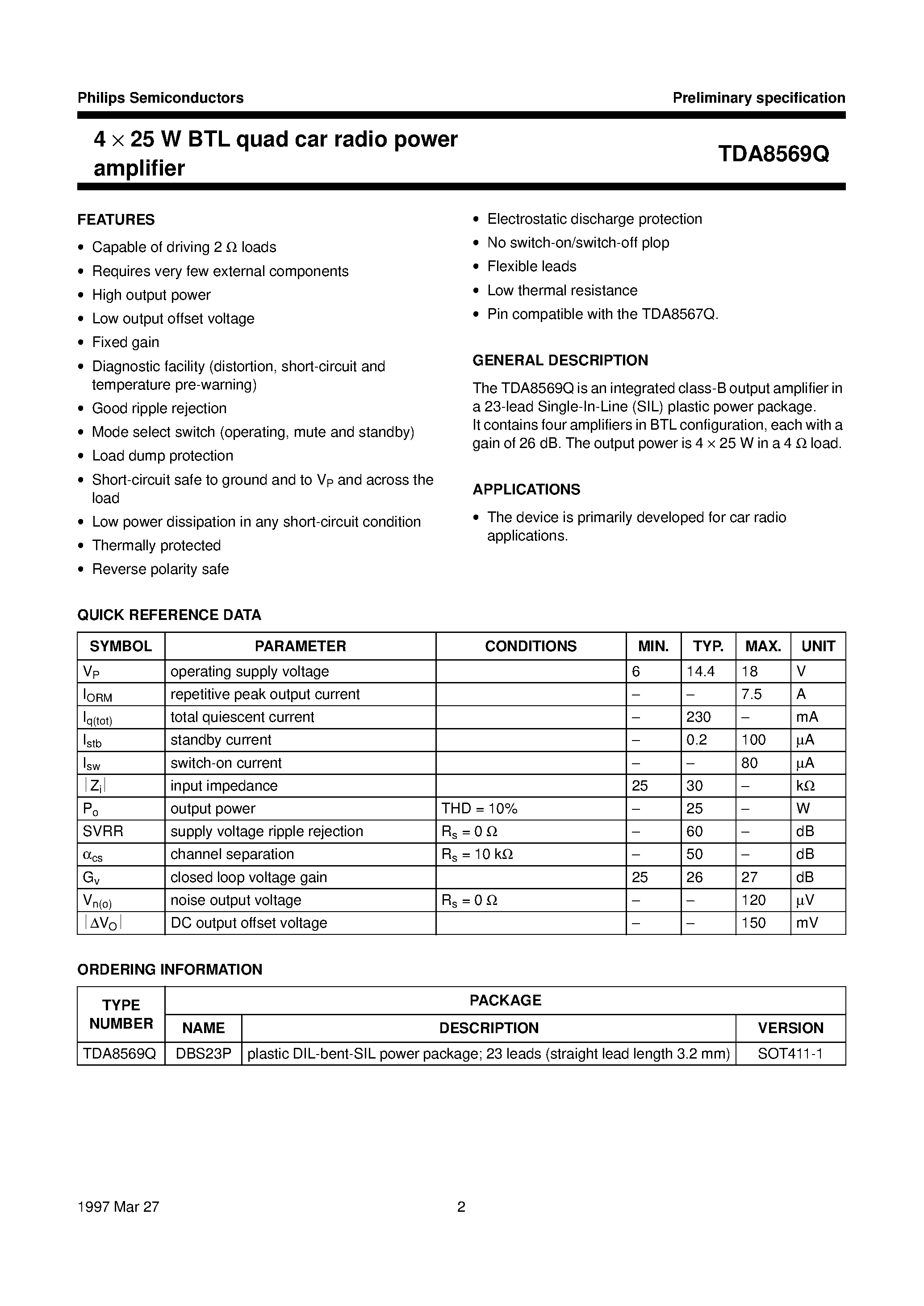 Даташит TDA8569Q - 4 x 25 W BTL quad car radio power amplifier страница 2