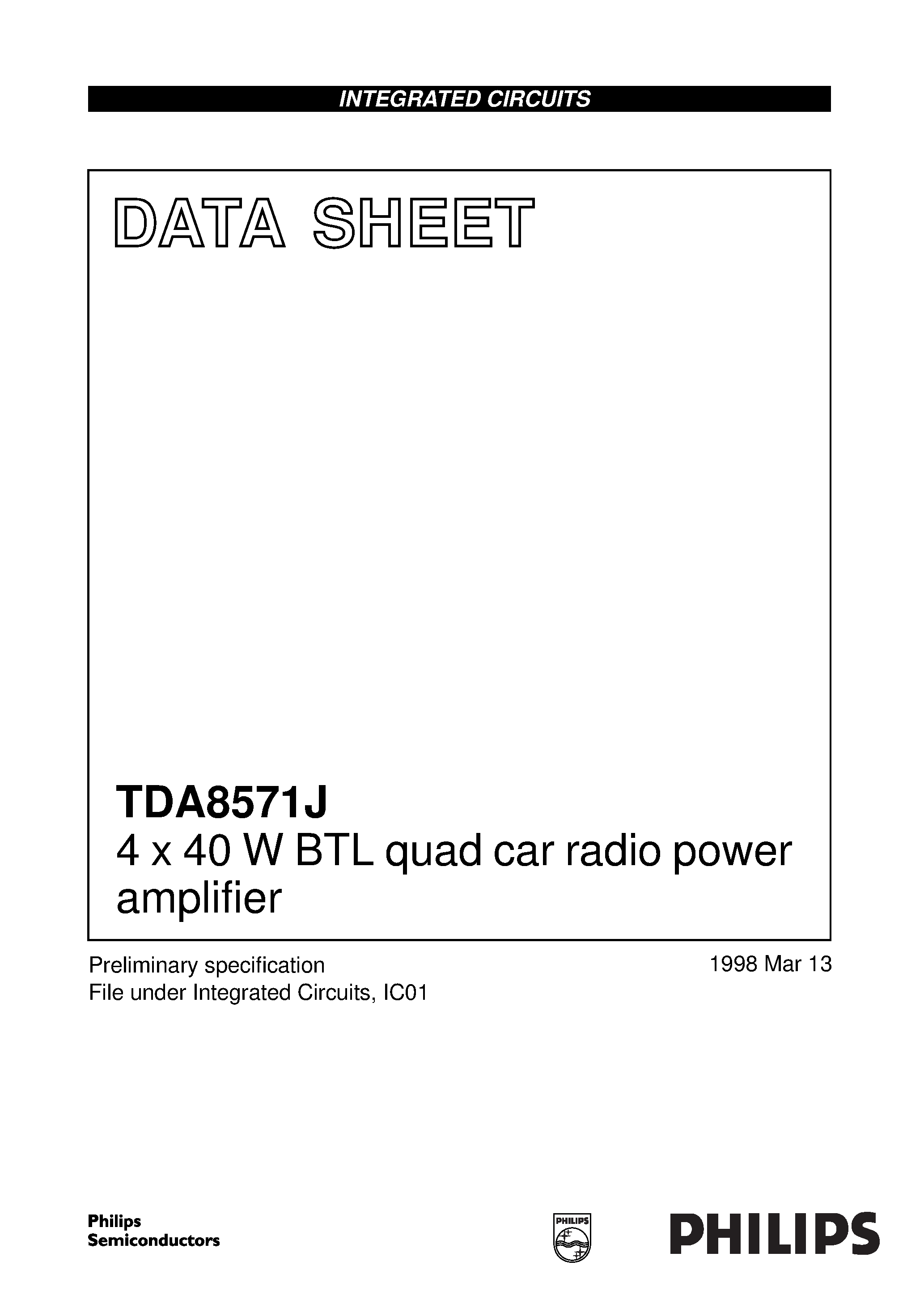 Даташит TDA8571 - 4 x 40 W BTL quad car radio power amplifier страница 1