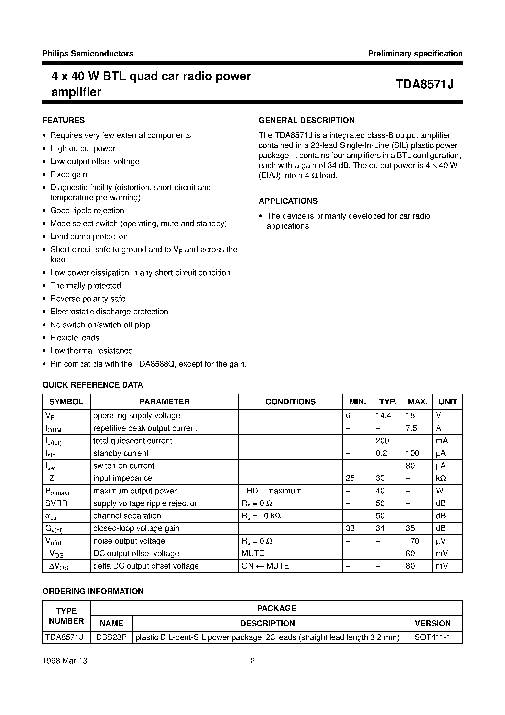 Даташит TDA8571J - 4 x 40 W BTL quad car radio power amplifier страница 2