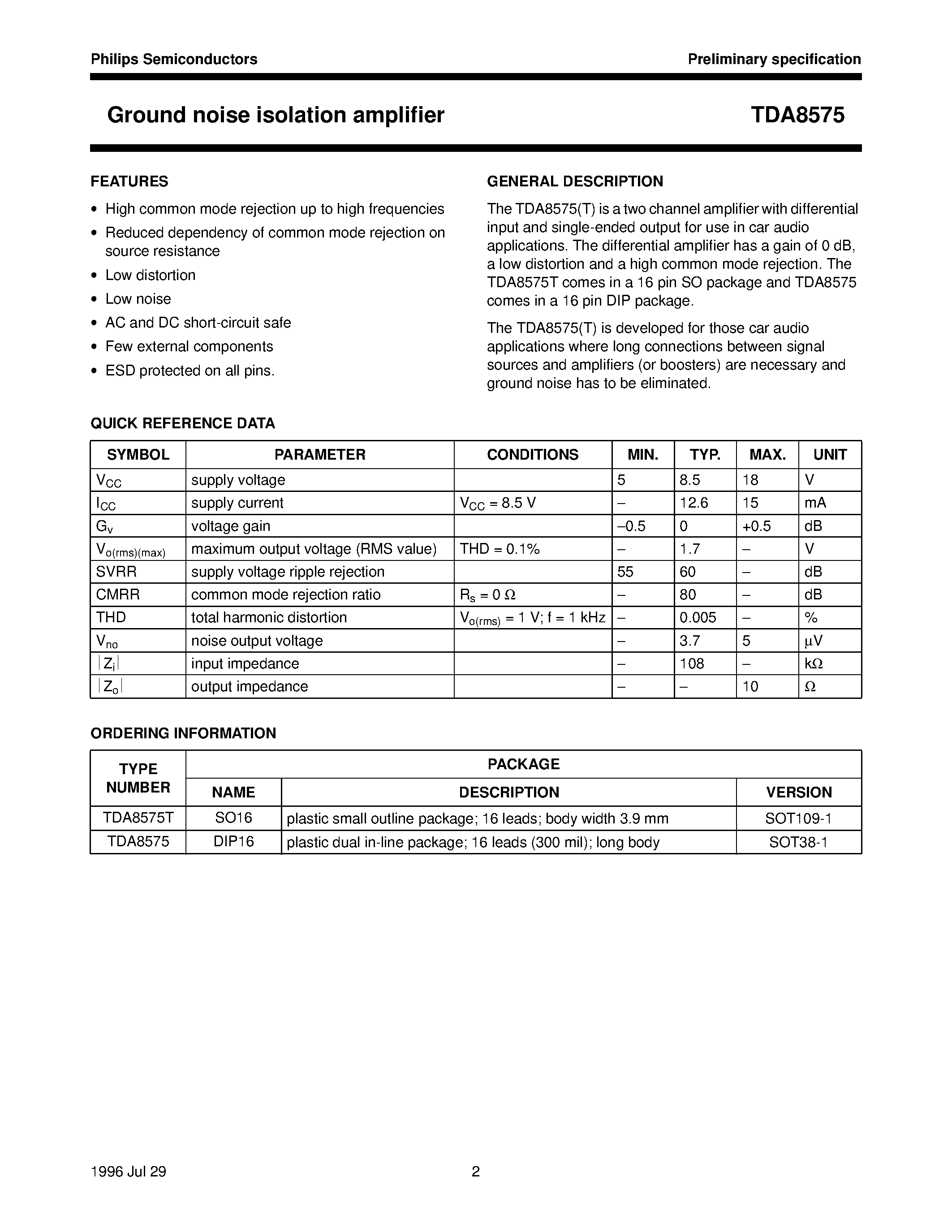 Даташит TDA8575T - Ground noise isolation amplifier страница 2