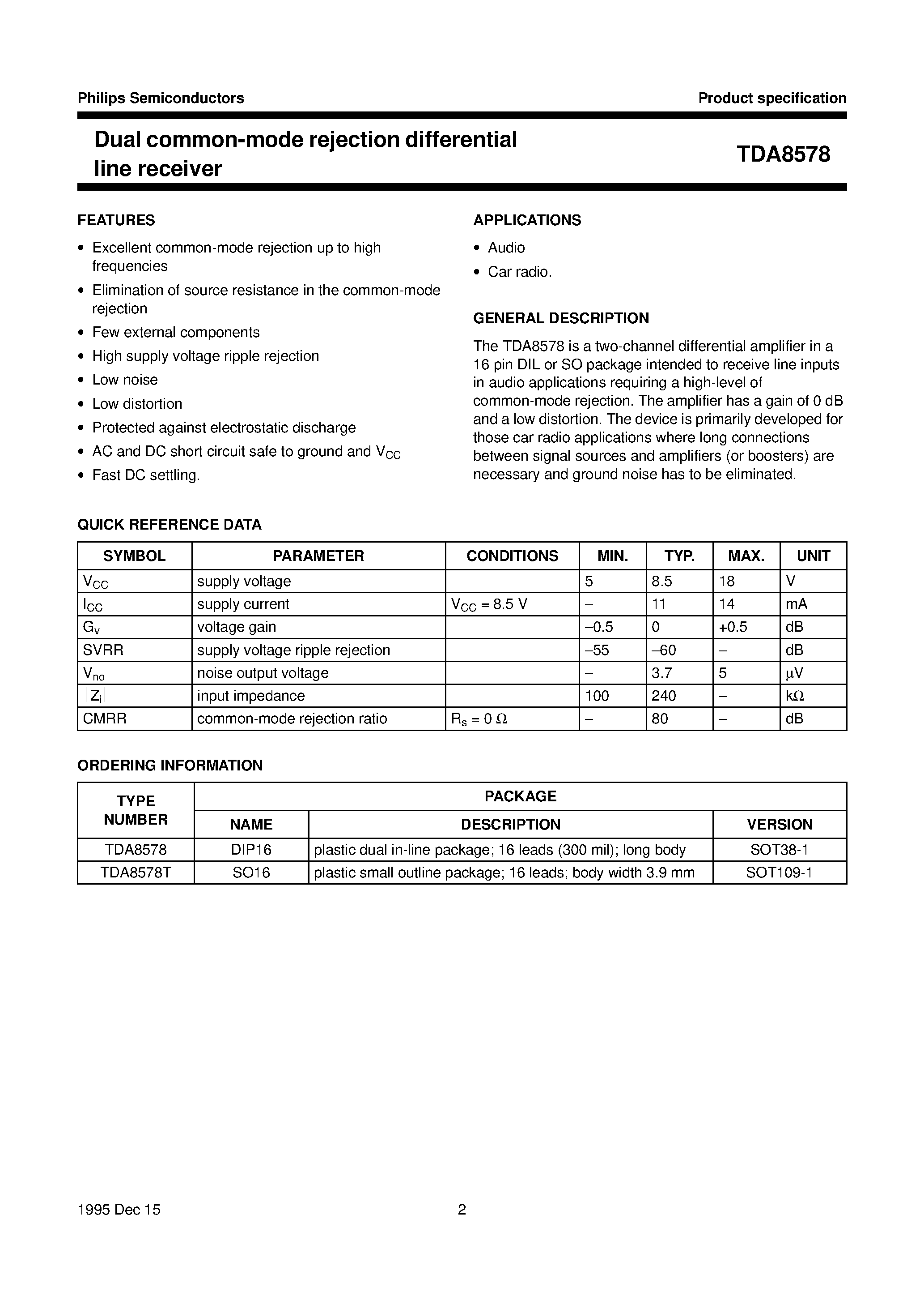 Даташит TDA8578T - Dual common-mode rejection differential line receiver страница 2